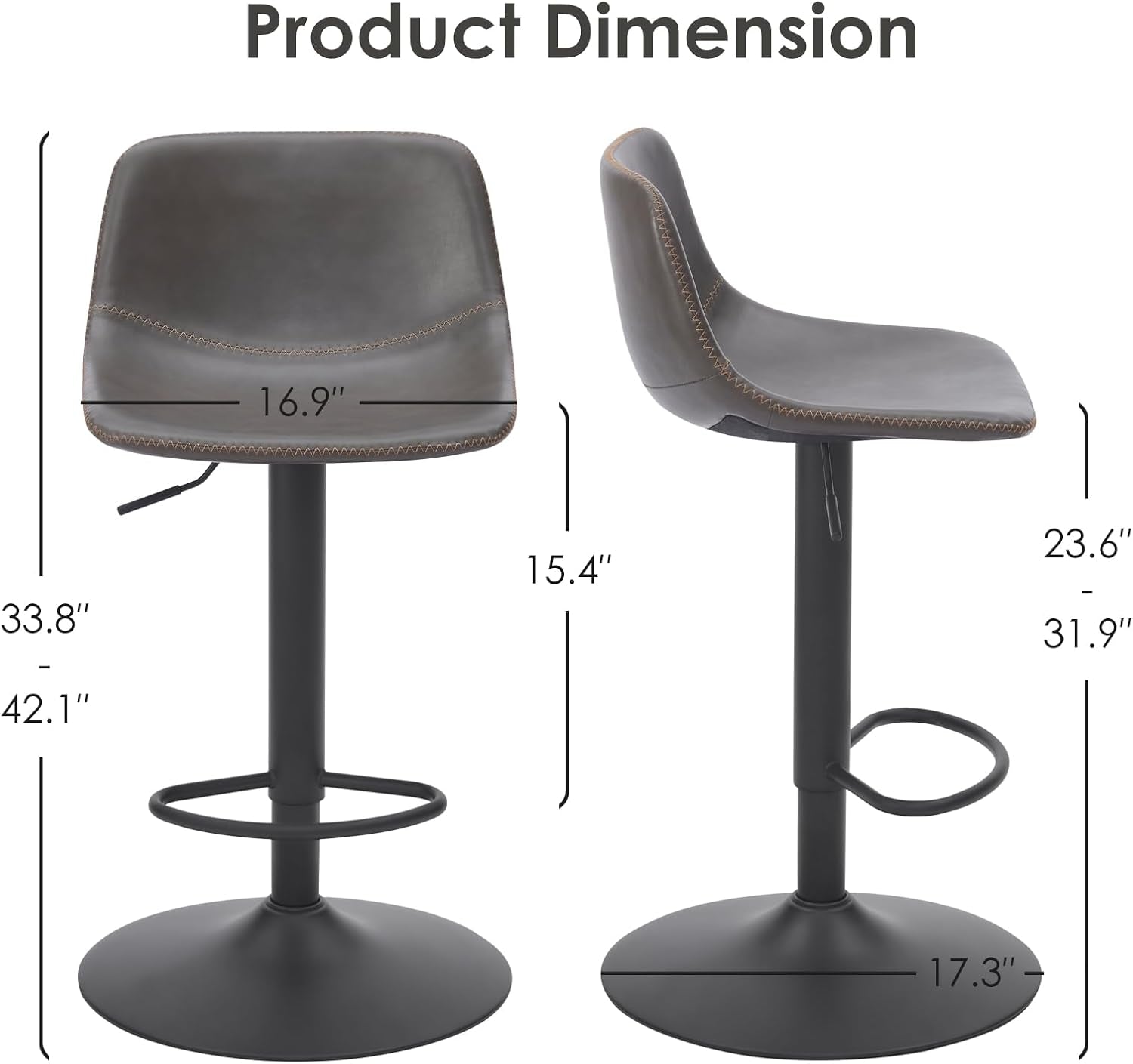 Adjustable Bar Stools Set of 2 PU Leather Back Support