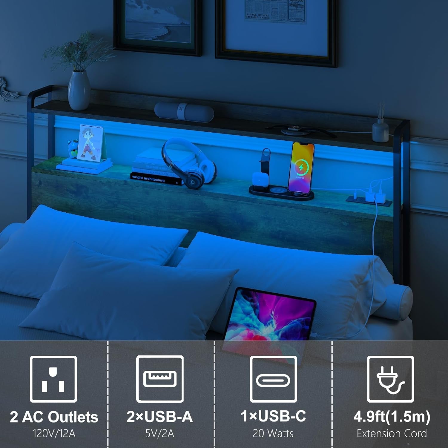 Adjustable Full Size Headboard with USB Ports and Storage