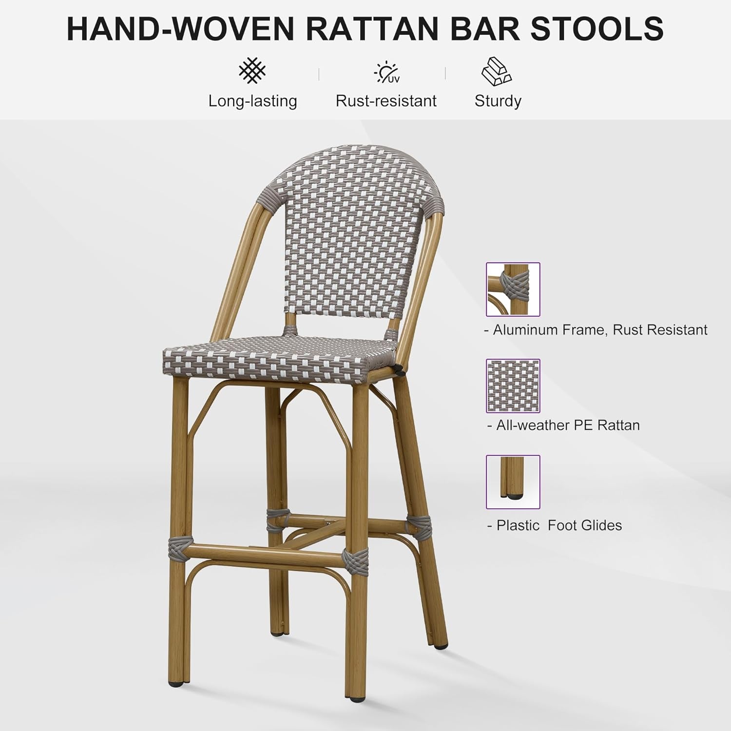 French Style Rattan Bar Stools Set for Outdoor Spaces