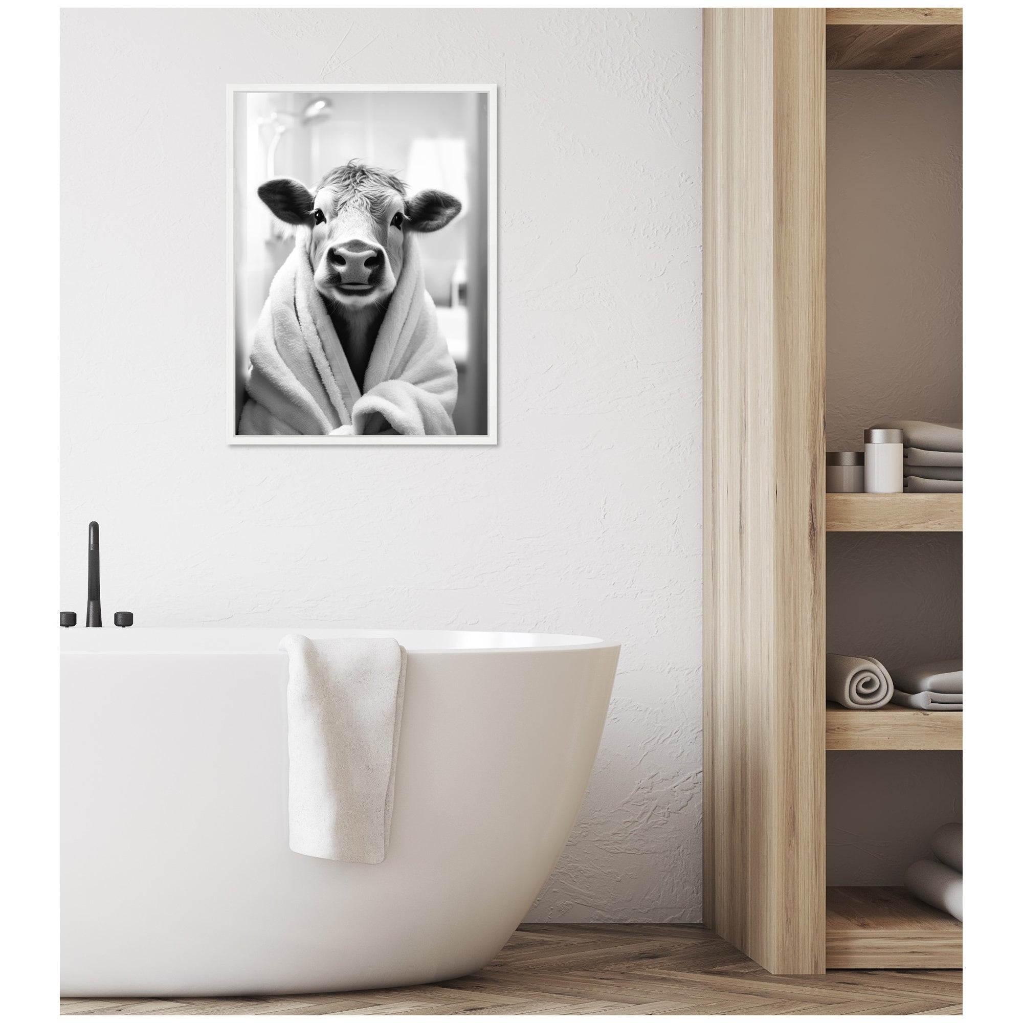 Sylvie Cow Bathroom Art Towel Robe Black and White Framed Canvas by The Creative Bunch Studio