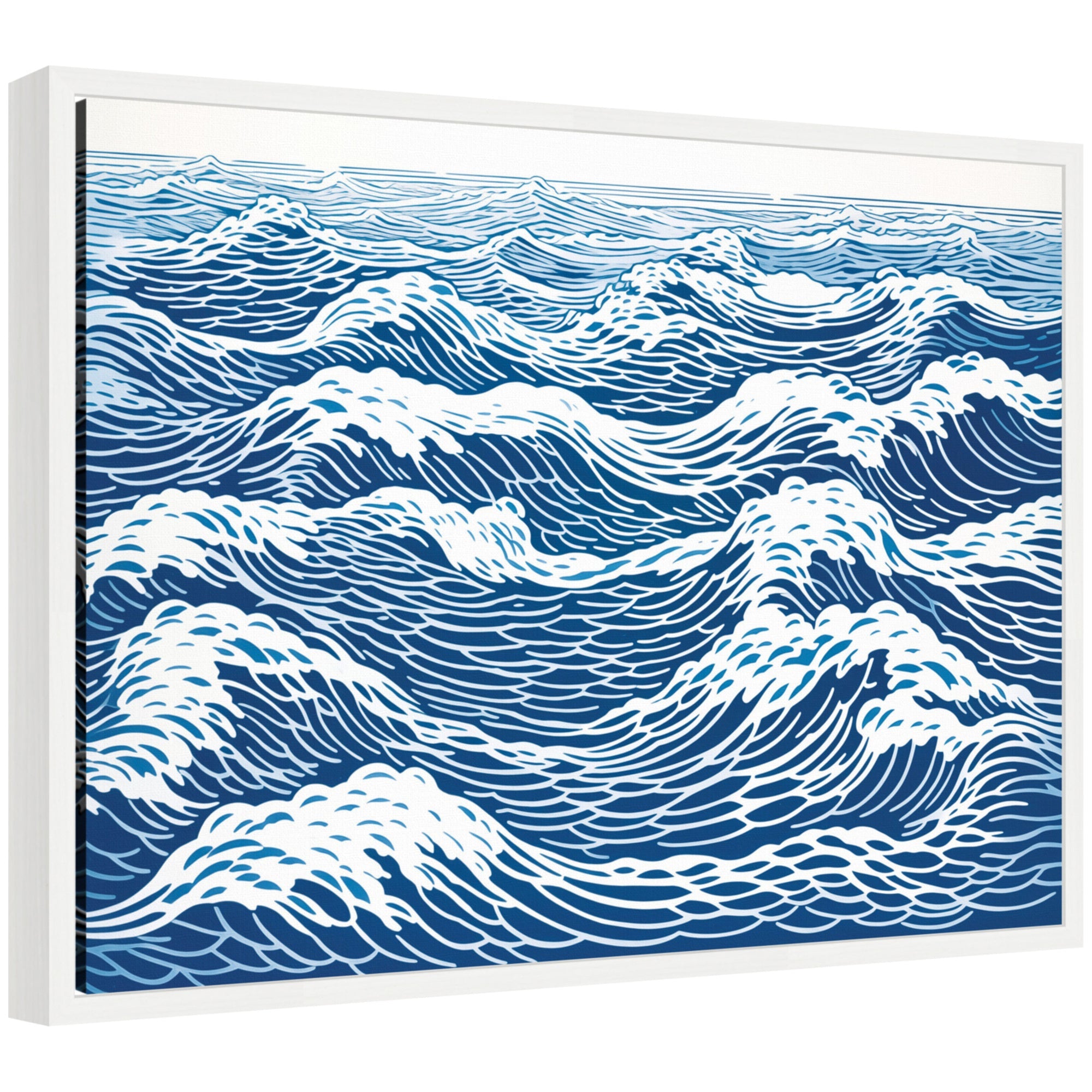 Sylvie Linocut Abstract Waves Blue and White Framed Canvas by The Creative Bunch Studio