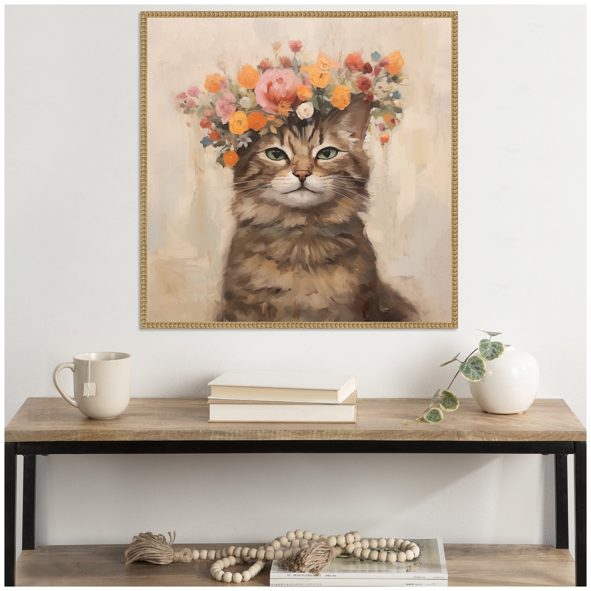 Sylvie Adorable Floral Boho Cat Framed Canvas by The Creative Bunch Studio