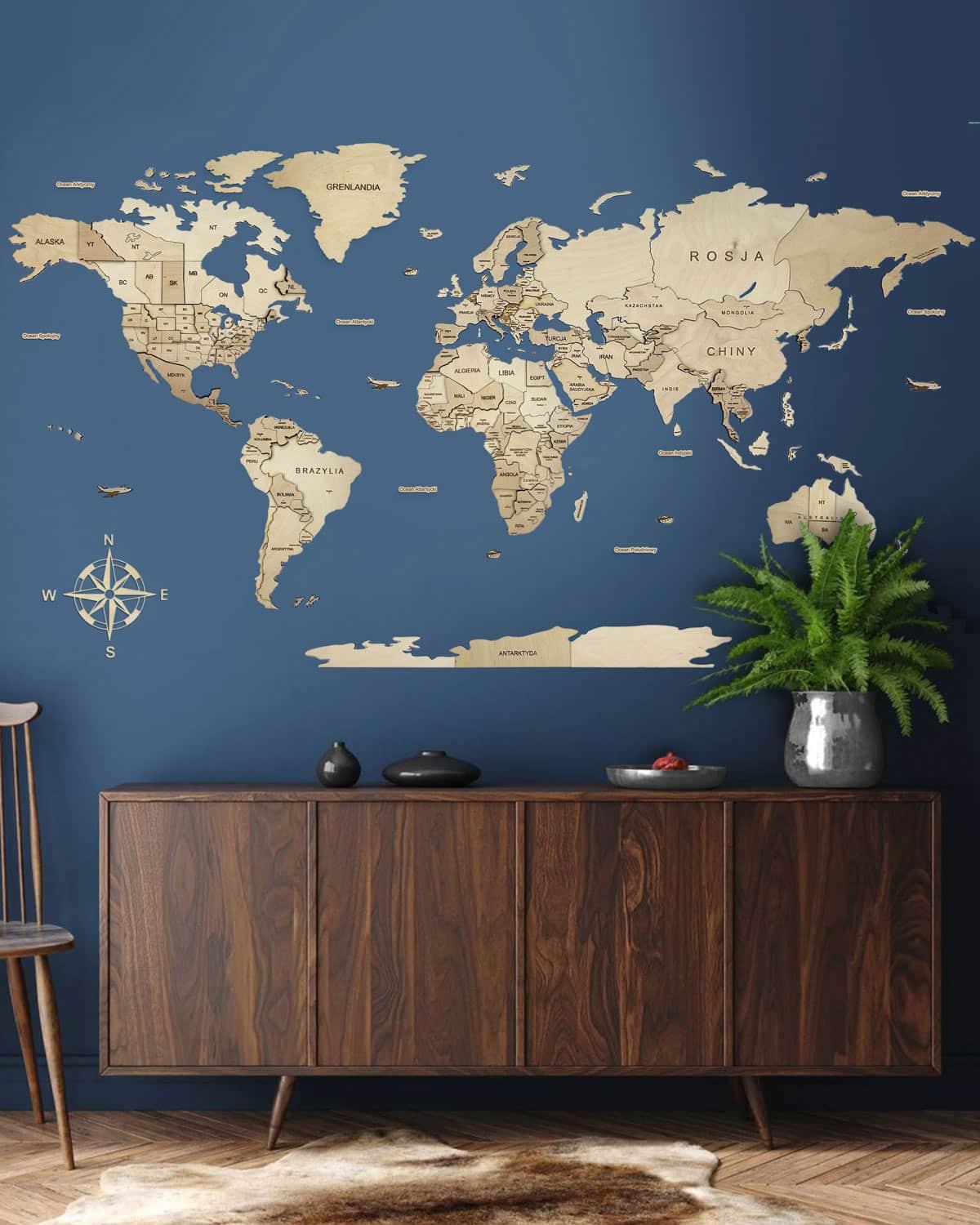 3D Wooden World Map Natural - PRHOMZ