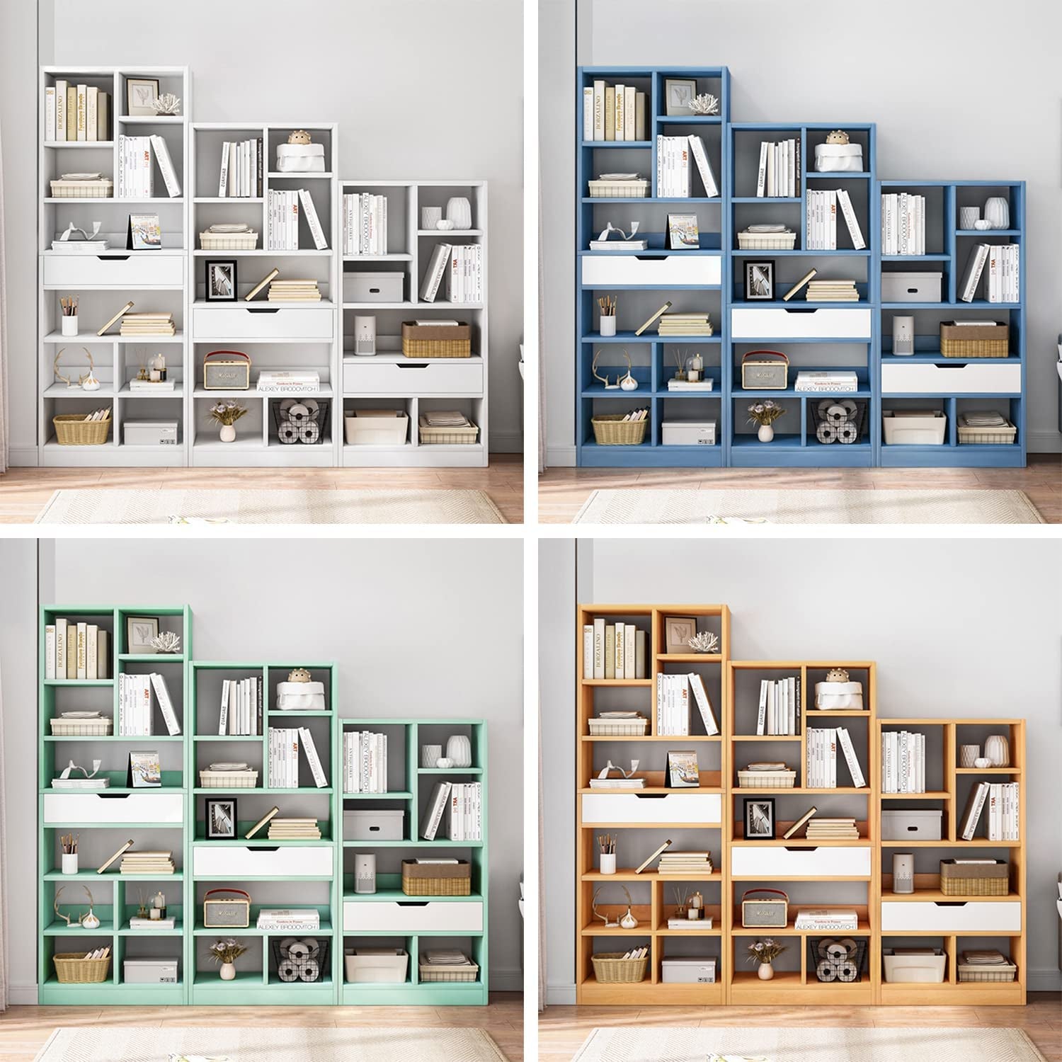 Bright Blue Wooden Bookcase With Eight Cubes Scandinavian