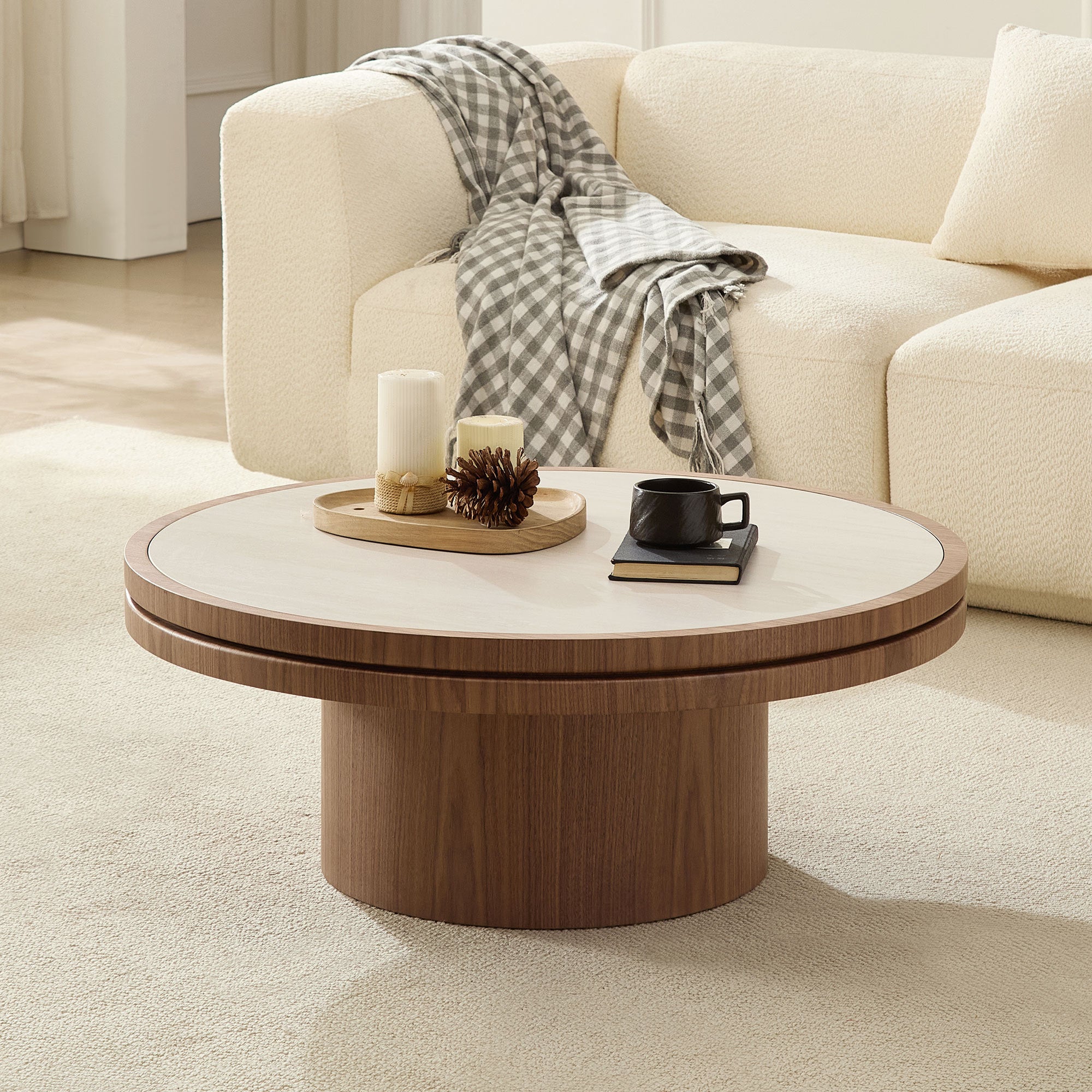 35.43 Inch Coffee Table with Sintered Stone Tabletop in Walnut