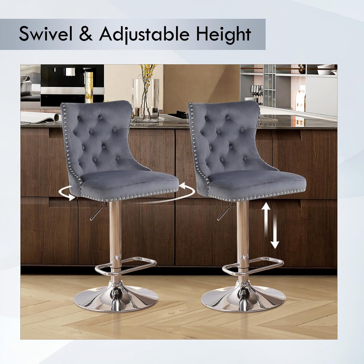 Velvet Adjustable Swivel Bar Stools Dark Grey Set Of 4