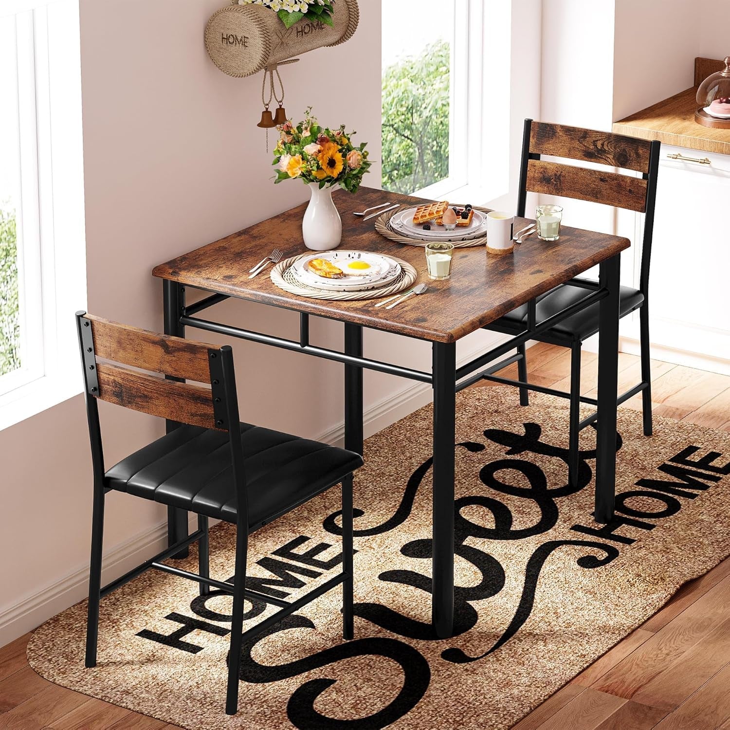 Space Saving Dining Table Set For Two Rustic Brown Finish