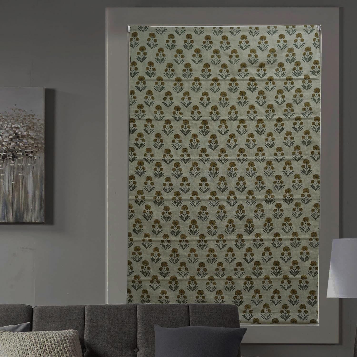 Block Print Floral Linen Roman Shade Blind - Rishi
