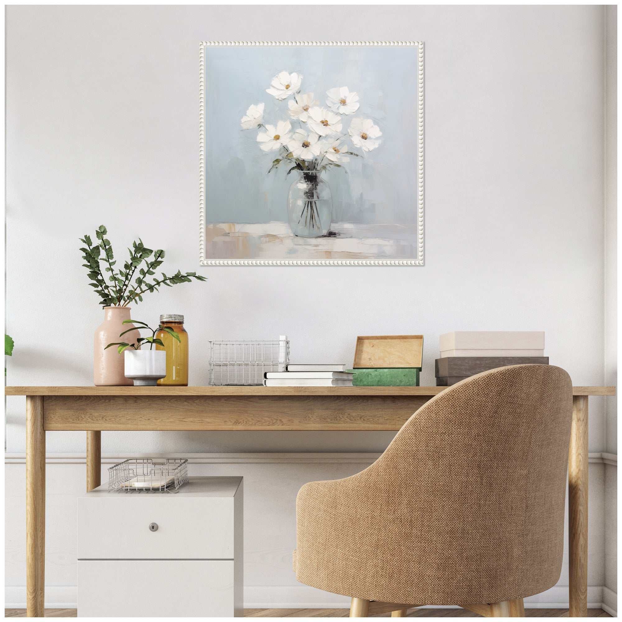 Sylvie White Daisies in a Jar on French Cottage Blue Framed Canvas by The Creative Bunch Studio