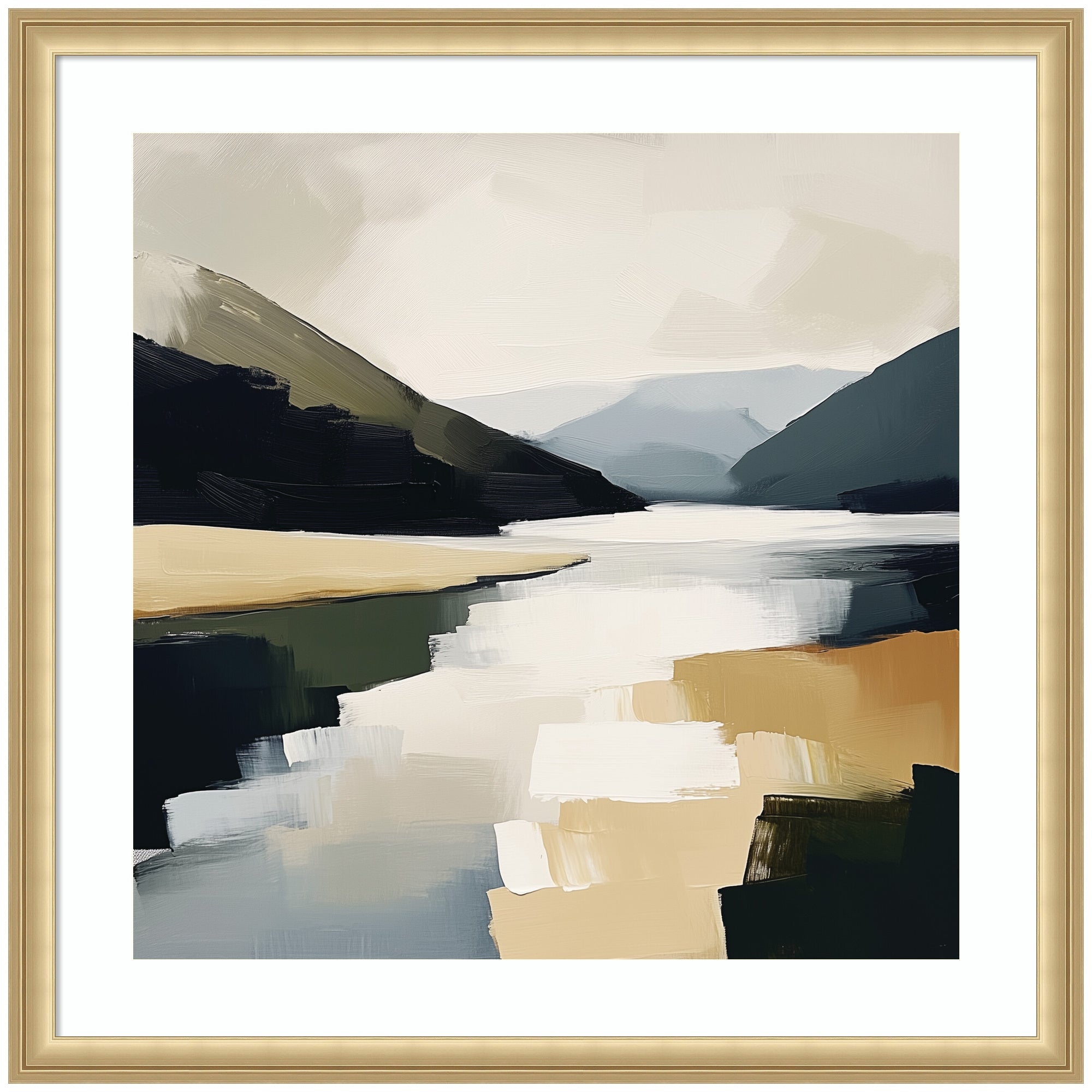 Framed Art Mountain Lake Modern Abstract Landscape by The Creative Bunch Studio