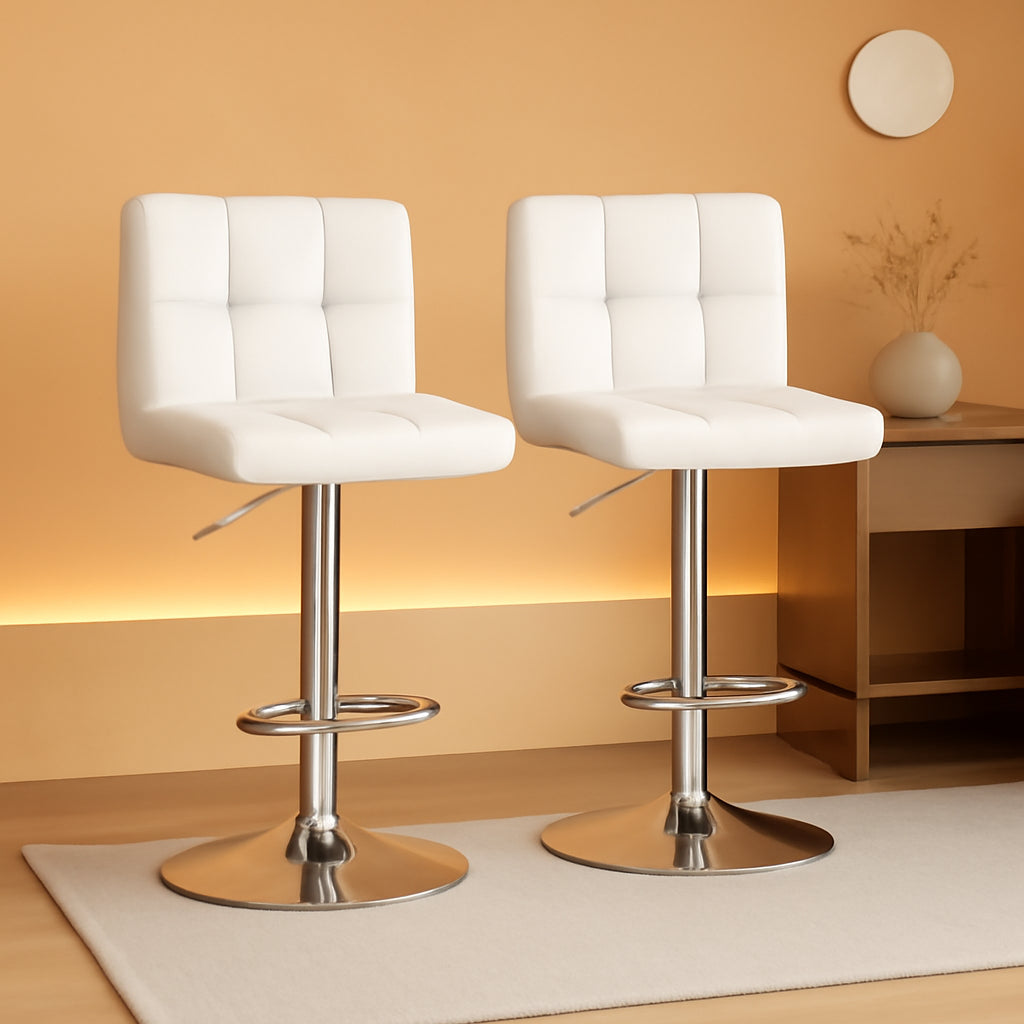 White PU Leather Swivel Bar Stool Set Of 2 Adjustable Height