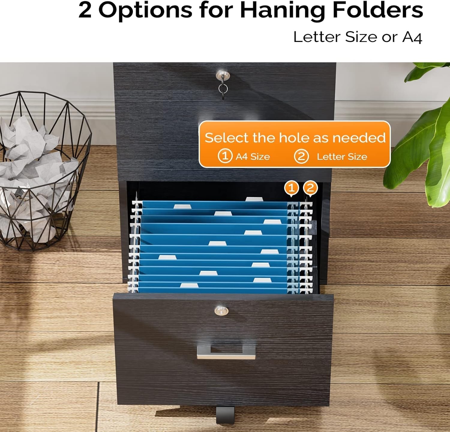 2 Drawer Rolling File Cabinet With Lock For Letter Size Folders Under Desk Black