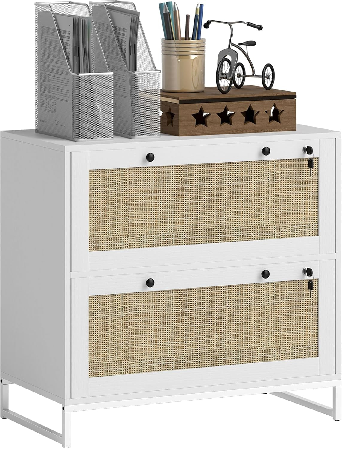 White Rattan 2 Drawer Locking Lateral File Cabinet