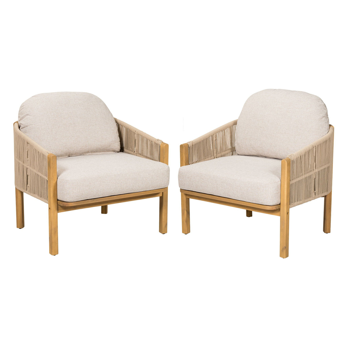 Grotta Outdoor Wood Club Chair Set of 2 with Woven Rope Detail - Gray or Beige