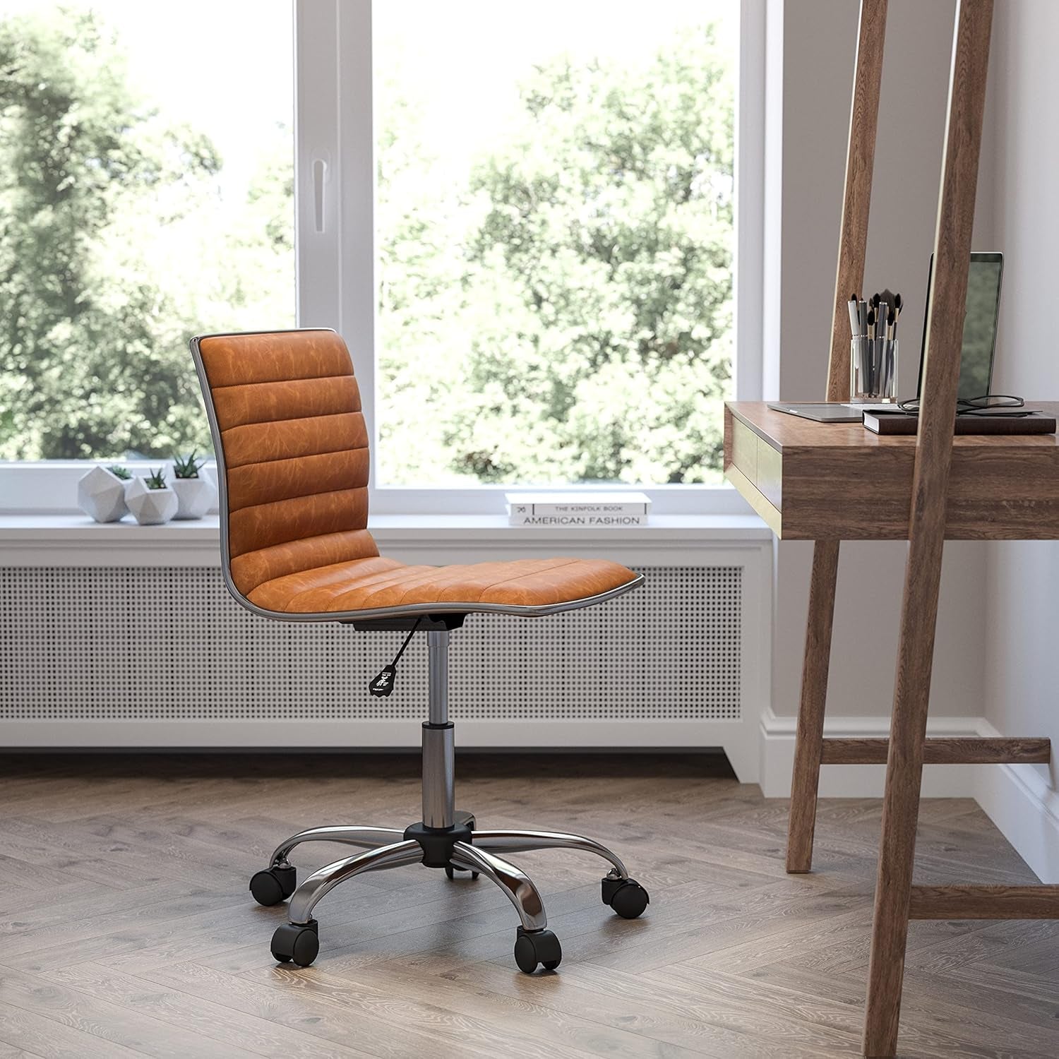 Brown Vinyl Office Task Chair With Chrome Frame Modern