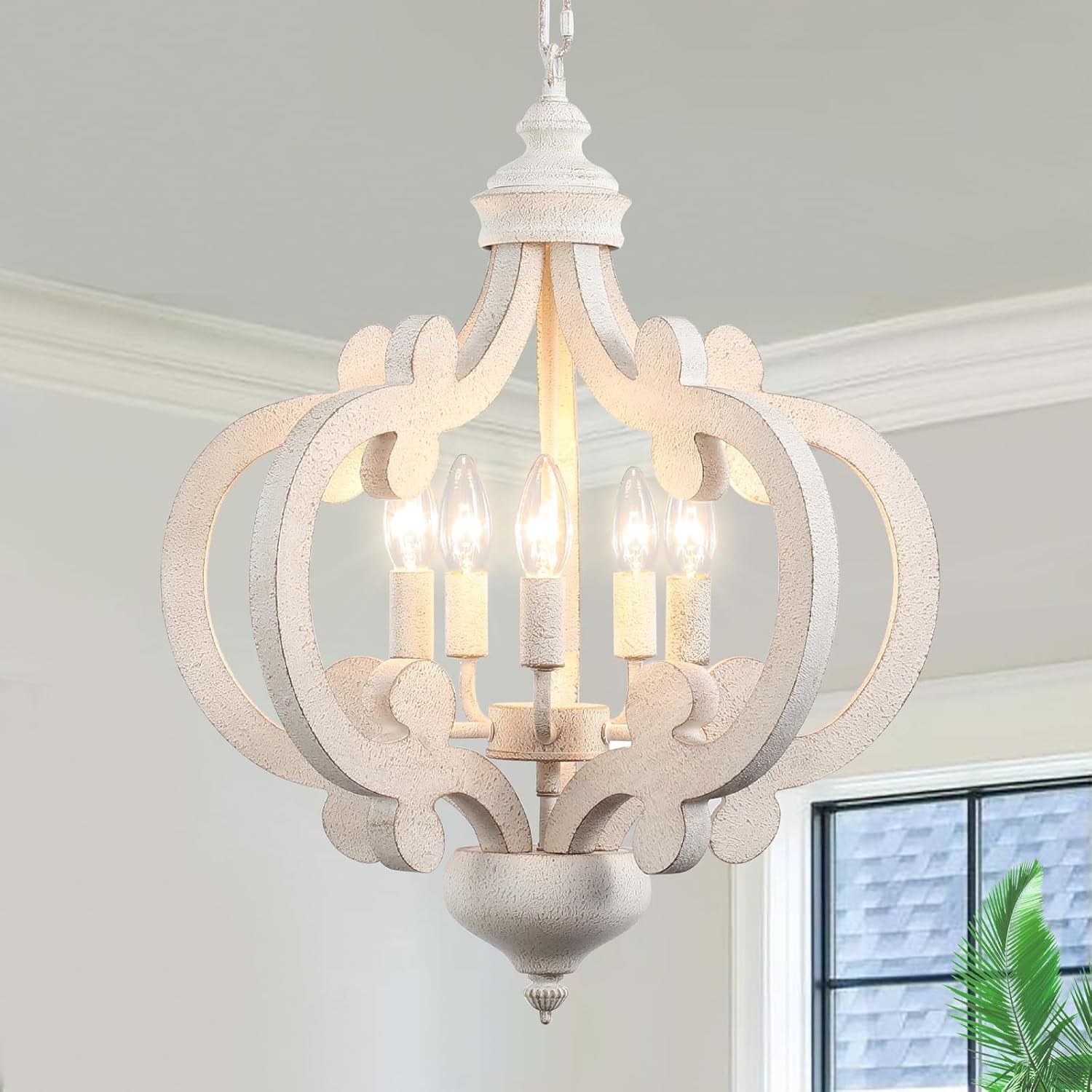 Wooden Farmhouse Chandelier 5 Lights Distressed White-0