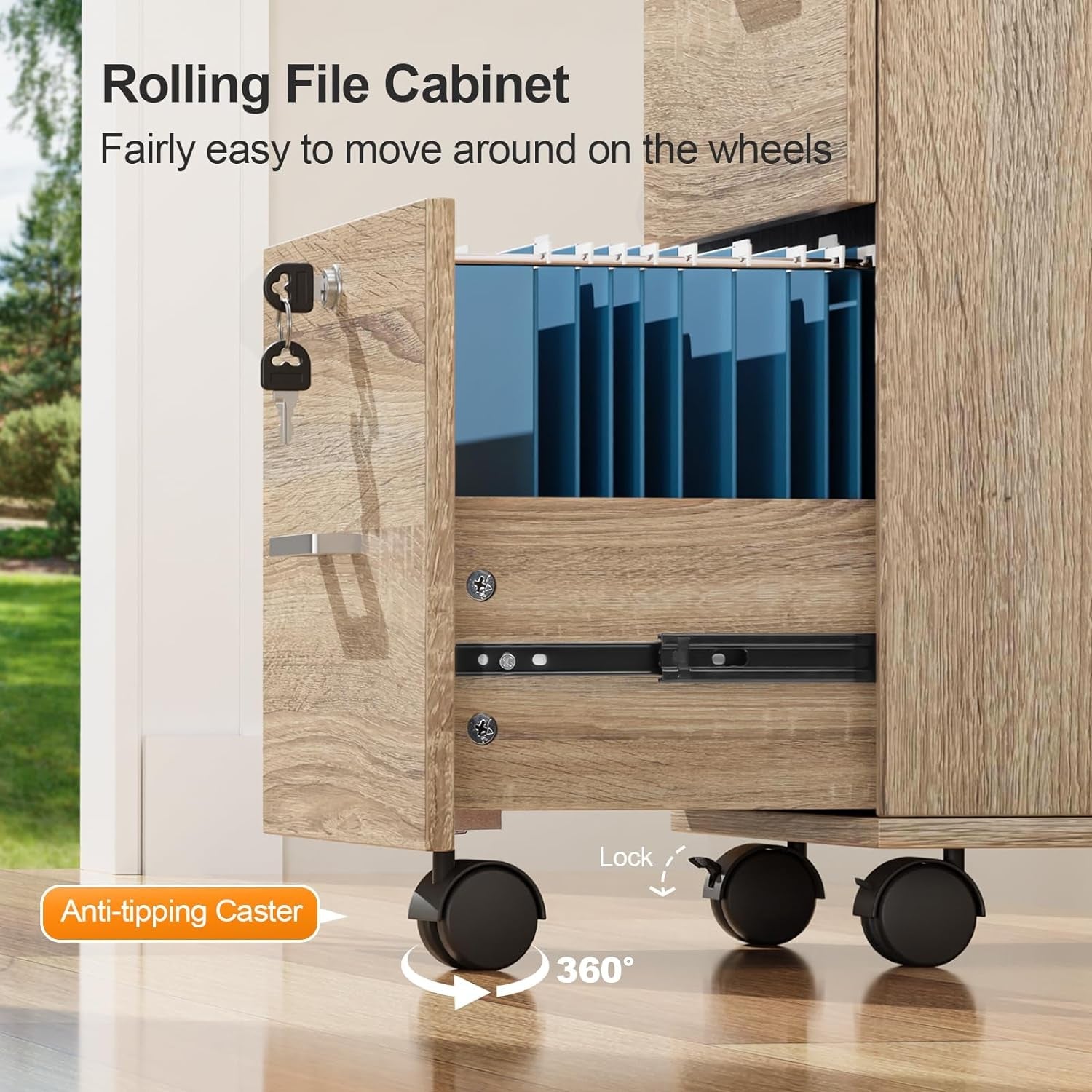 Oak 3 Drawer File Cabinet With Lock Rolling Printer Stand