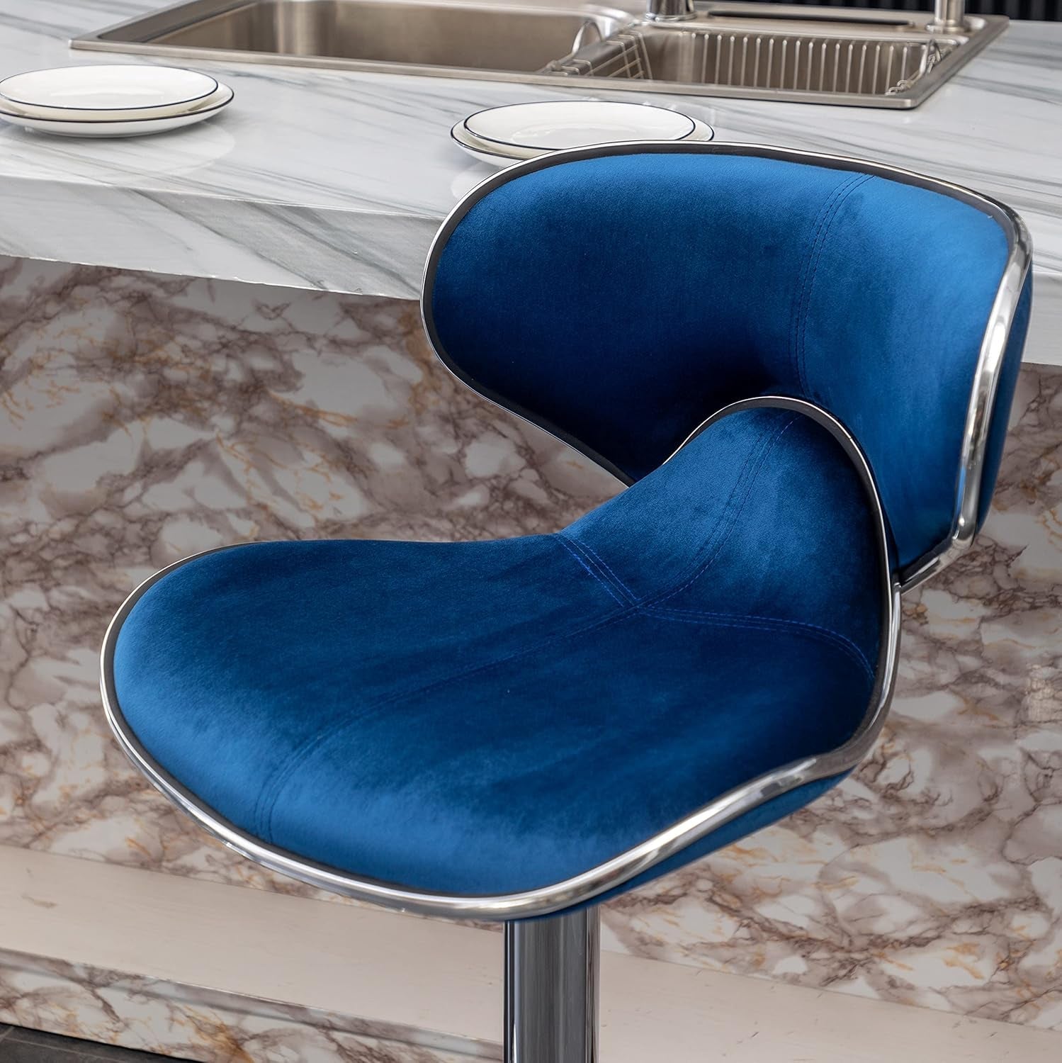 Blue Velvet Upholstered Adjustable Swivel Barstool Set Of 2