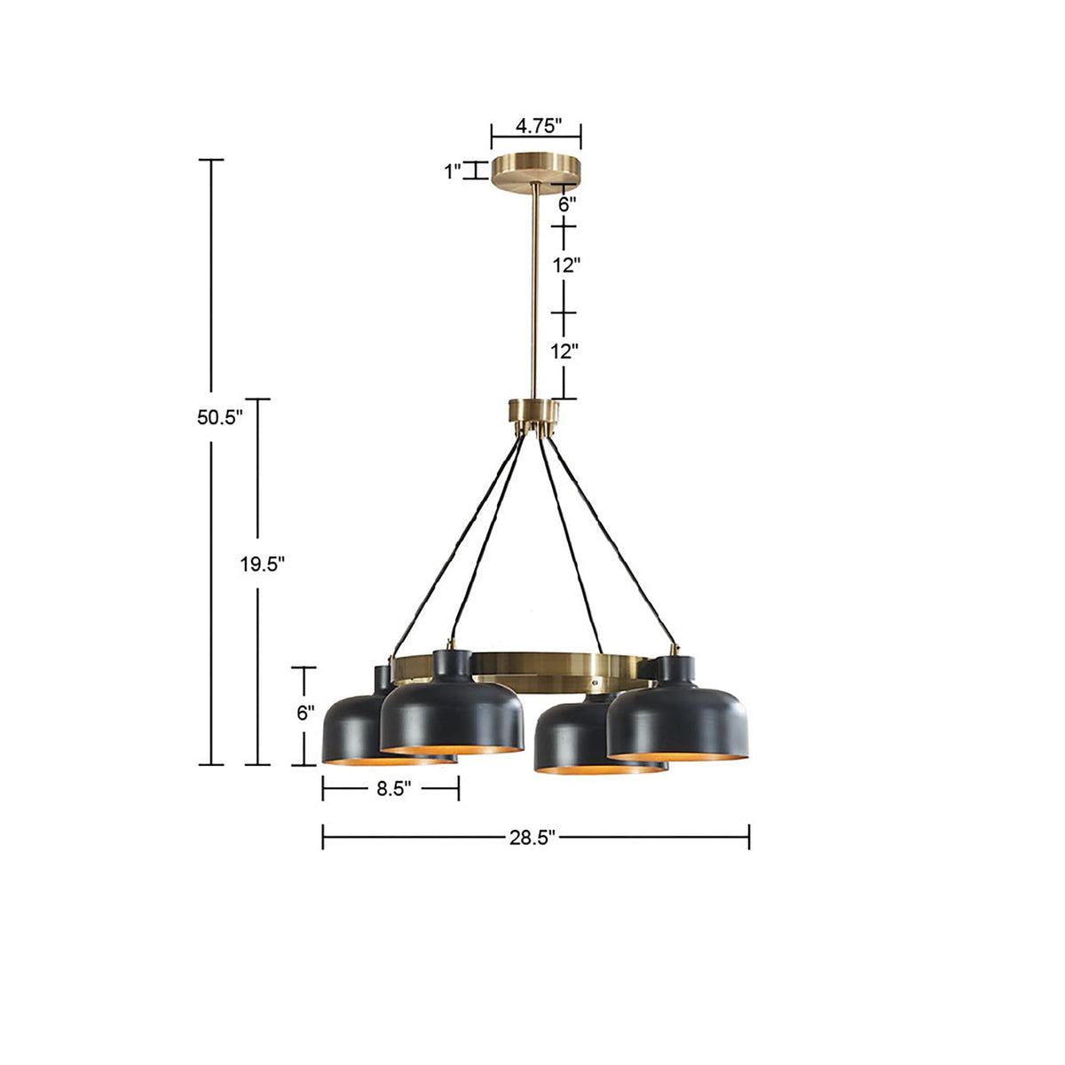 4-Light Mid-Century Chandelier | Black Bowl Shades & Gold Ring — Adjustable Height 26.5"–50.5", Dining Room & Living Room