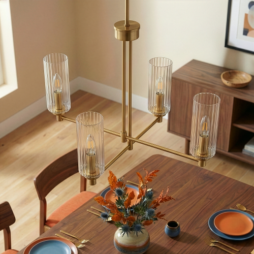4-Light Pendant Chandelier – Clear Ribbed Glass Shades & Satin Brass Finish | Dining Room & Living Room