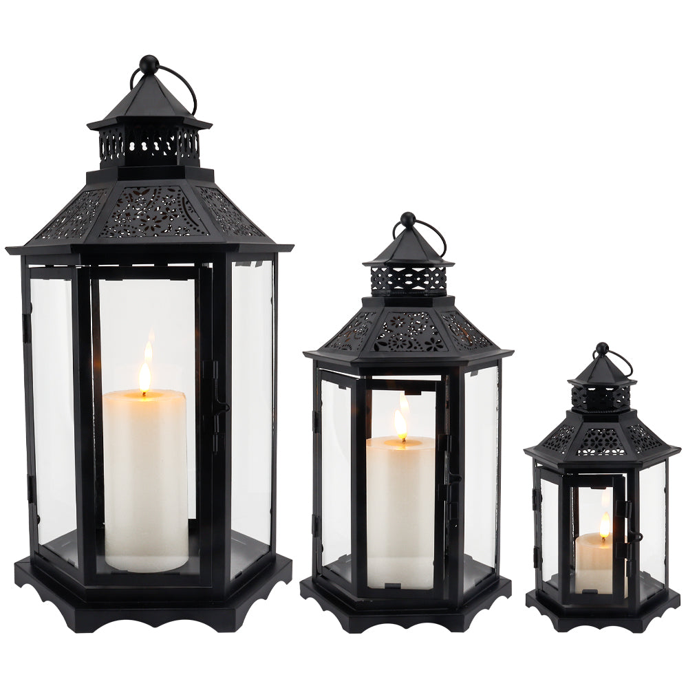 Set of 3 Black Hexagonal Decorative Hanging Lantern 18'' High-2