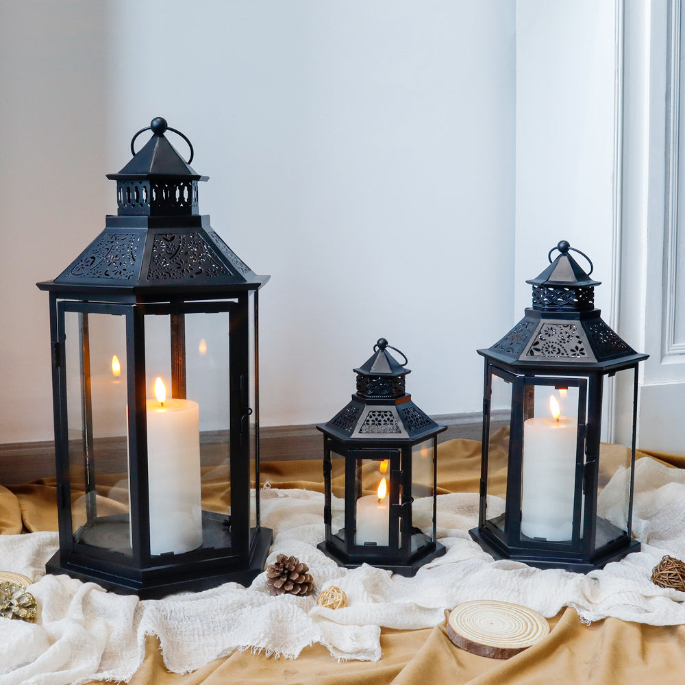 Set of 3 Black Hexagonal Decorative Hanging Lantern 18'' High-3
