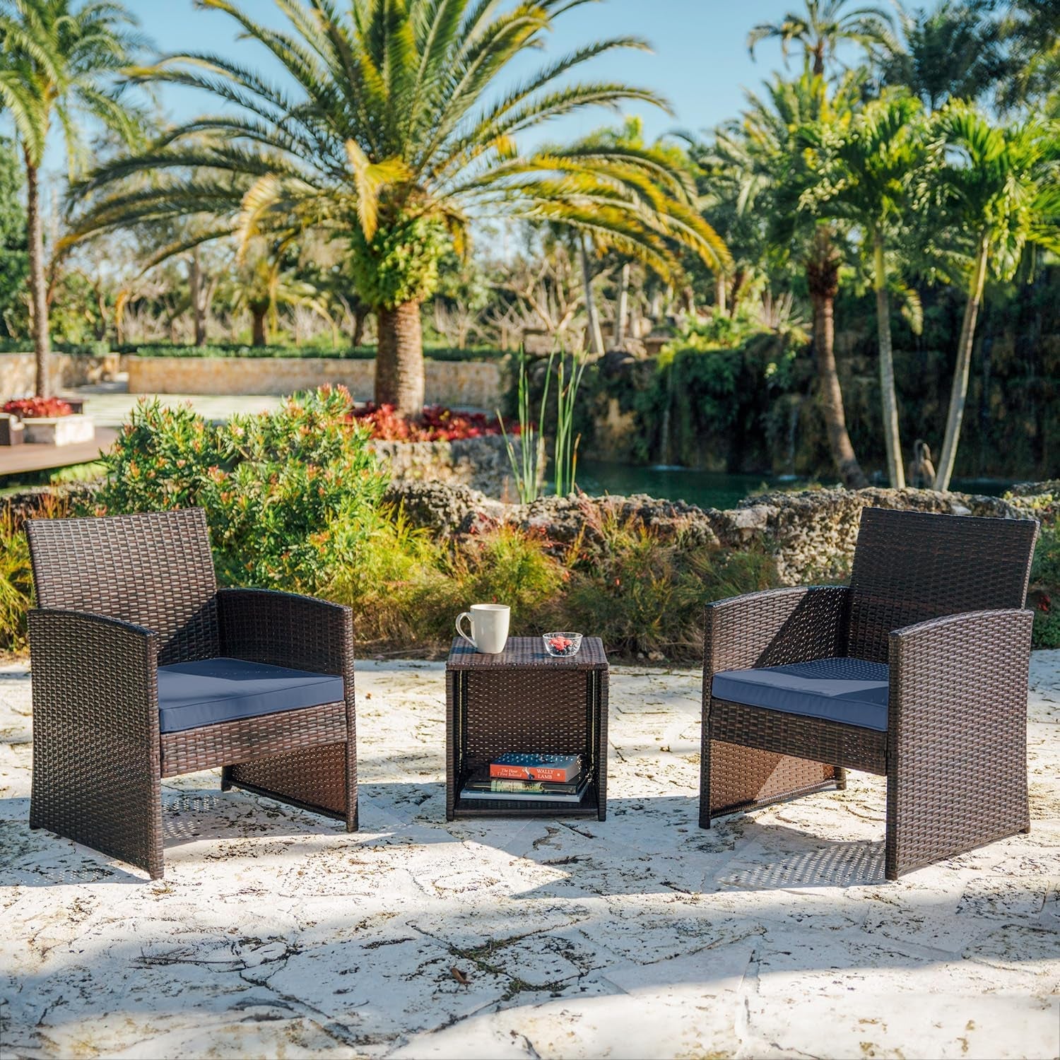 Wicker Outdoor Patio Set 3 Piece Bistro Brown Navy