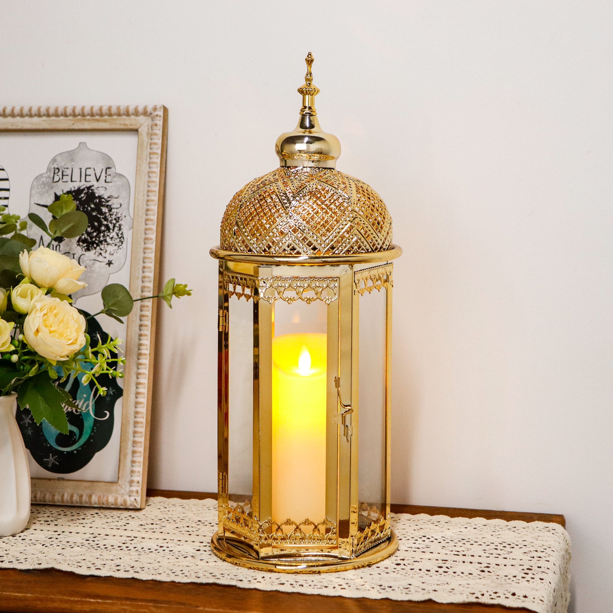 Moroccan Candle Lantern - 15'' Gold Hexagonal, Tempered Glass, Ramadan Decor for Indoor/Outdoor, Living Room, Parties & Events-1