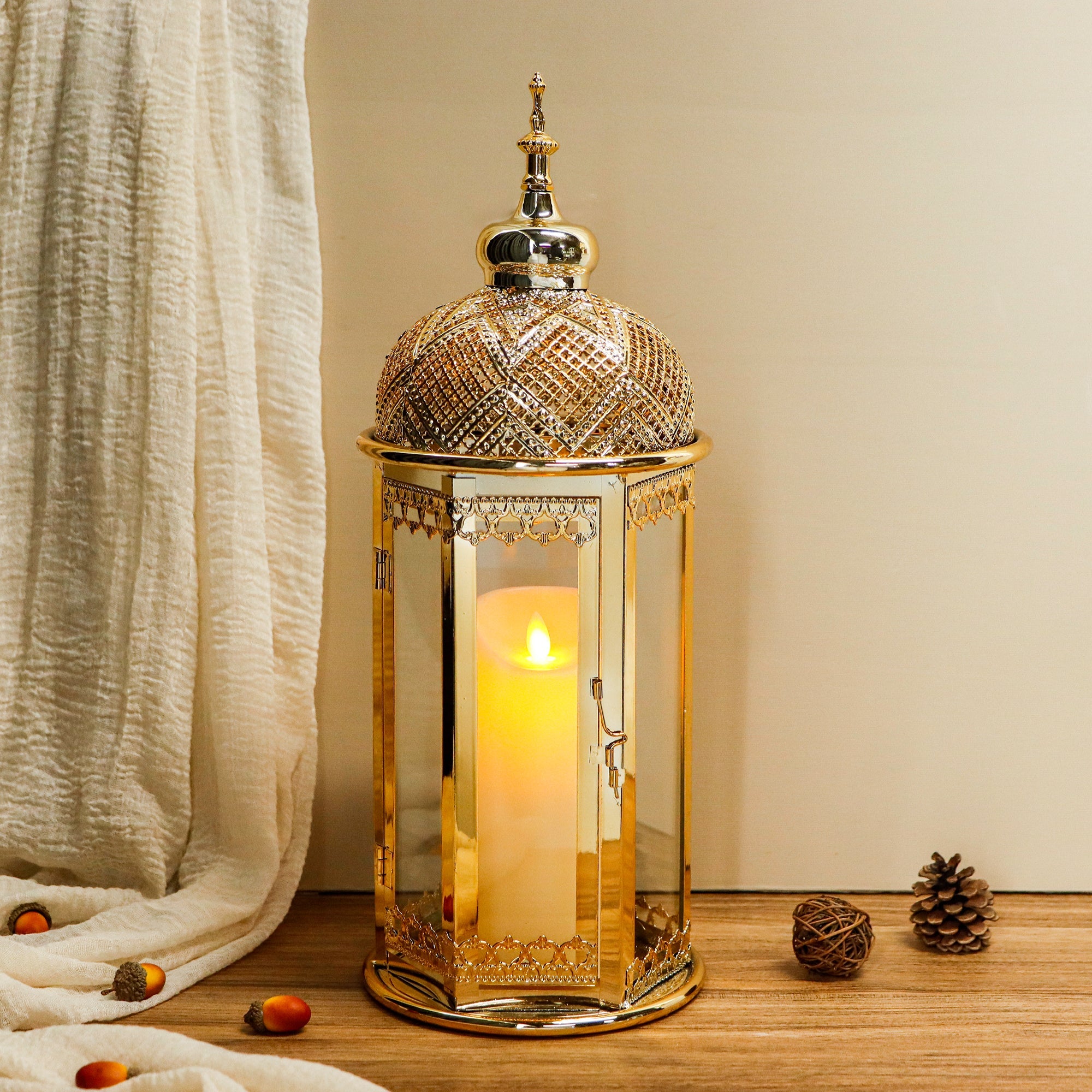 Moroccan Candle Lantern - 15'' Gold Hexagonal, Tempered Glass, Ramadan Decor for Indoor/Outdoor, Living Room, Parties & Events-3