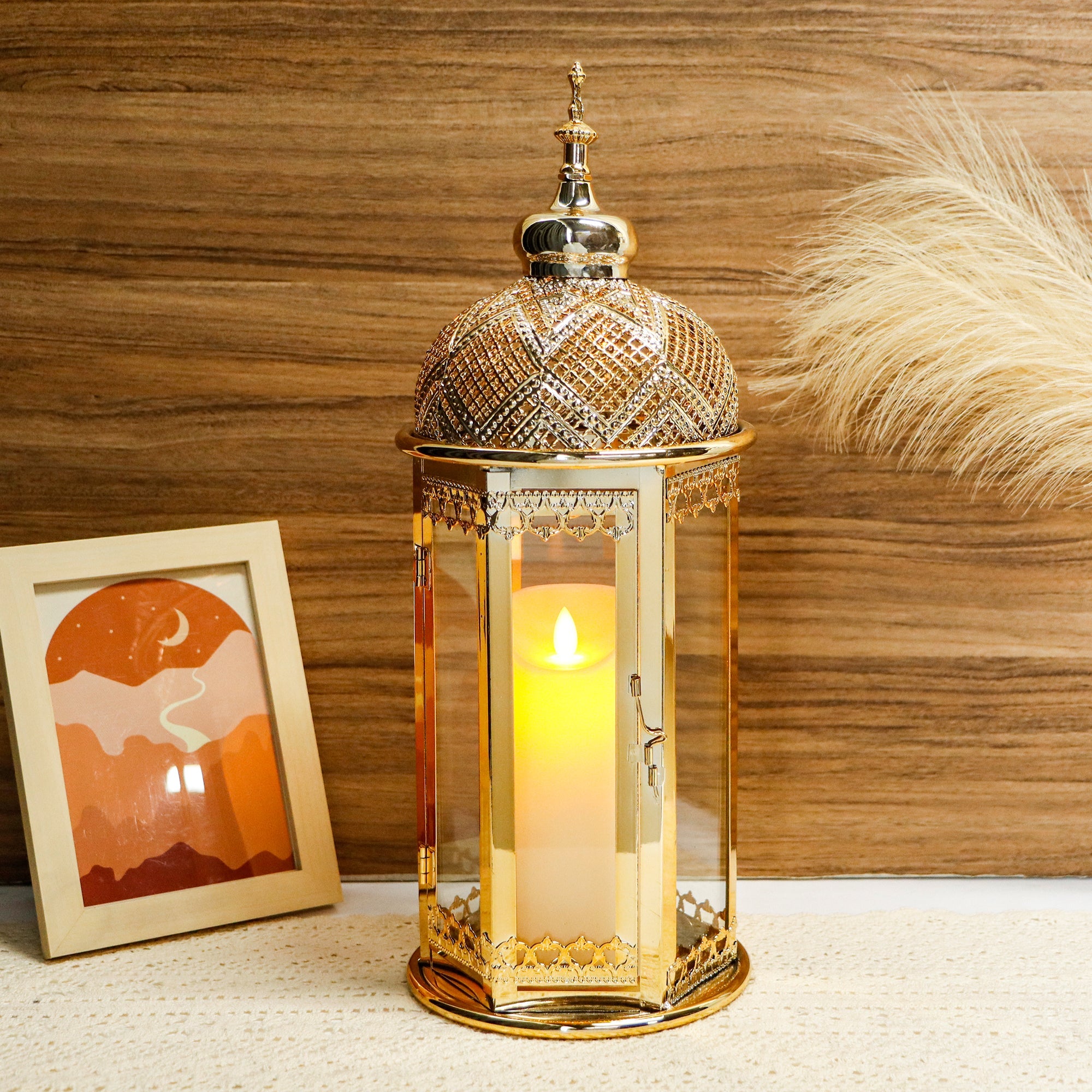 Moroccan Candle Lantern - 15'' Gold Hexagonal, Tempered Glass, Ramadan Decor for Indoor/Outdoor, Living Room, Parties & Events-4