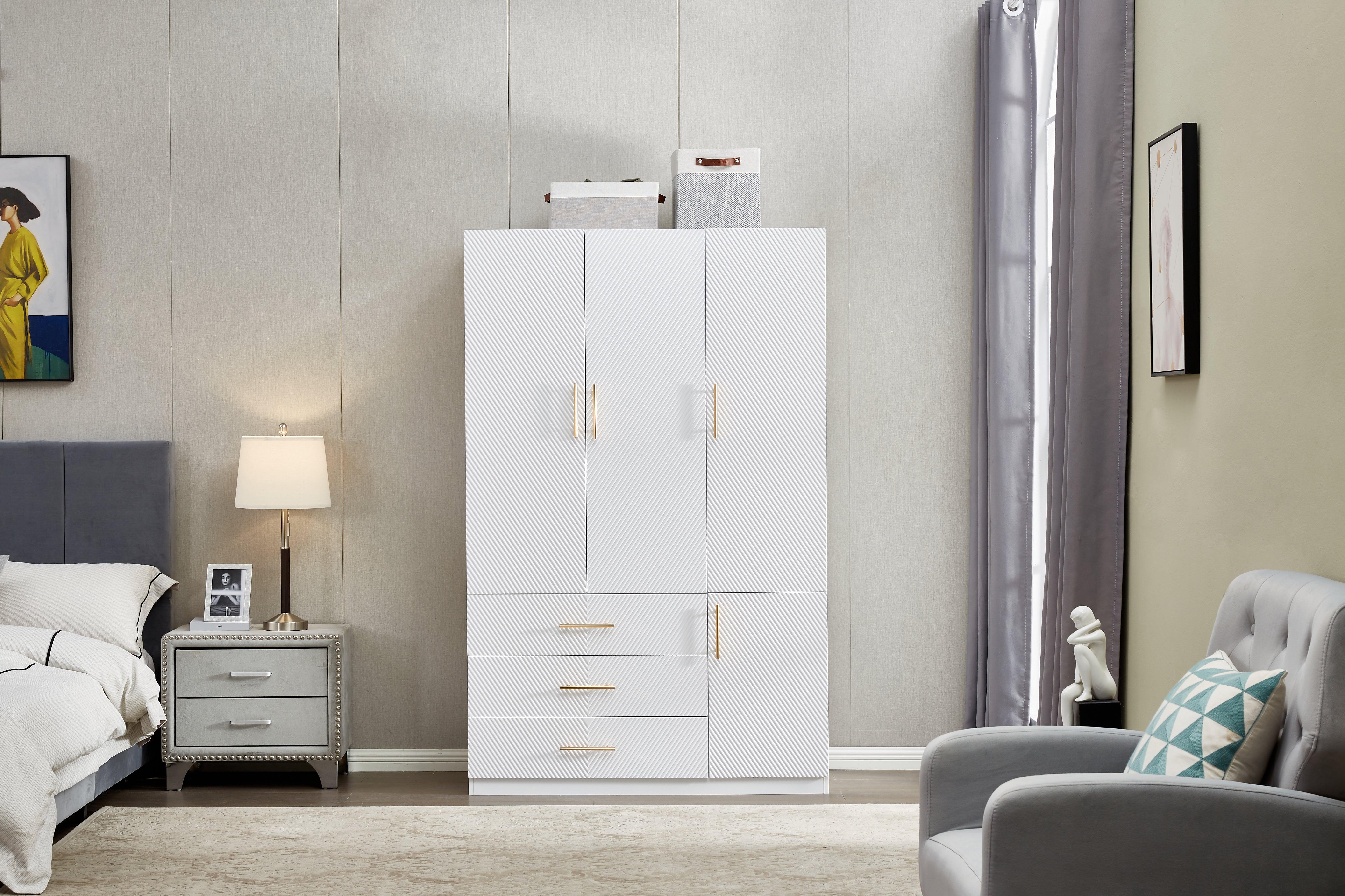 74.2” Tall 3-Door White Wardrobe Closet | Wood Armoire with Hanging Rod & Shelves for Bedroom and Bathroom Storage Cabinet - PRHOMZ
