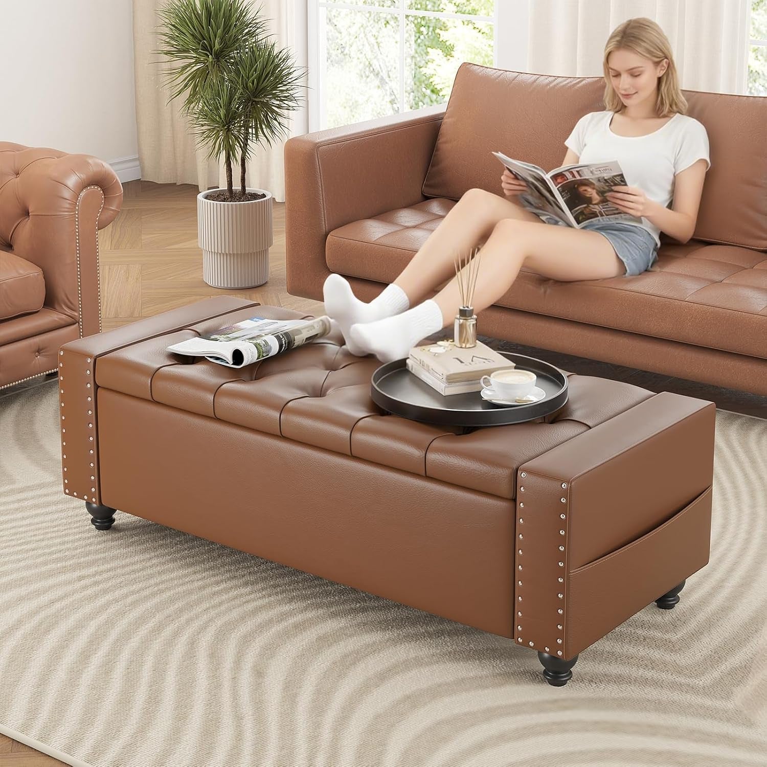 49 Inch Upholstered Storage Ottoman Bench Espresso Brown