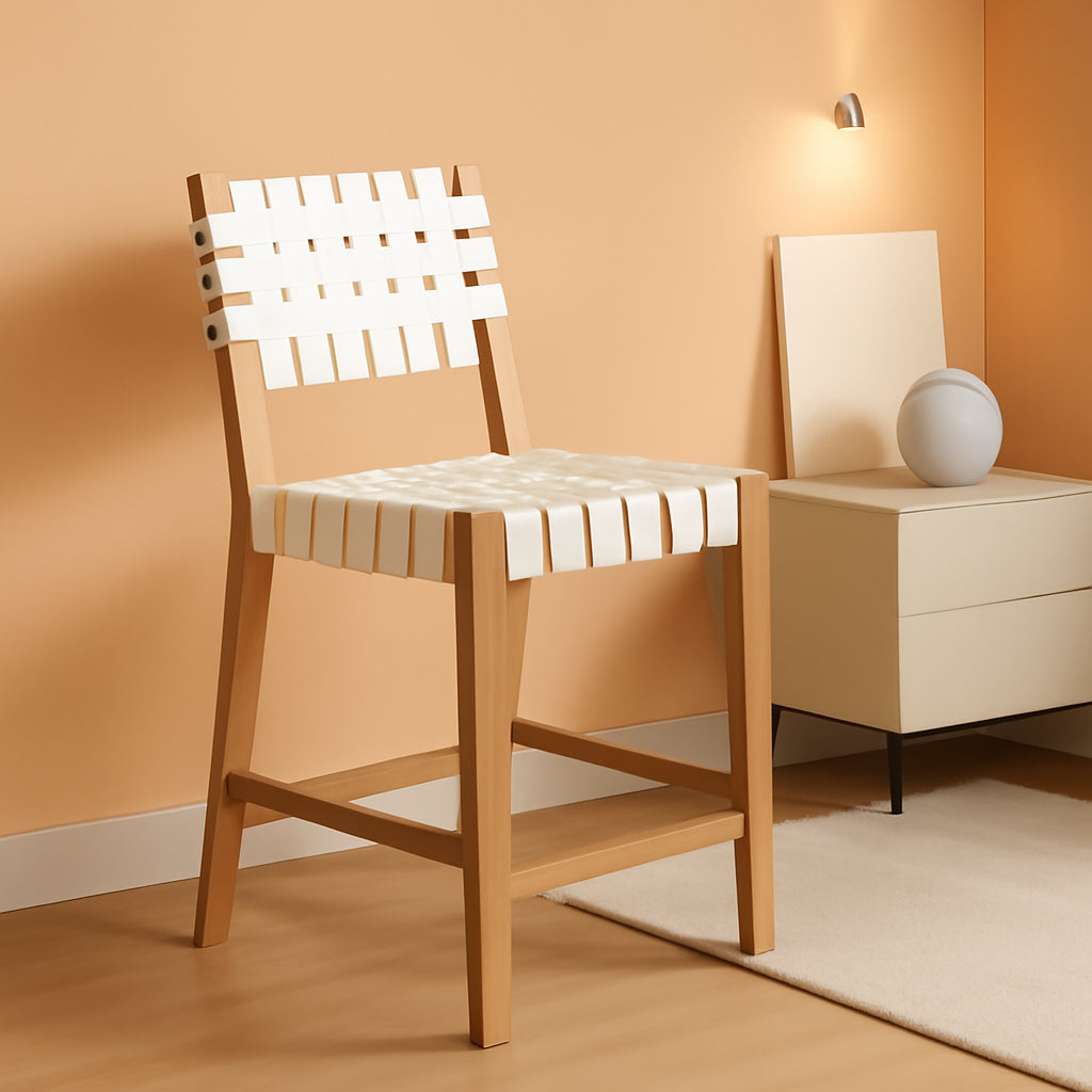 Mid Century Modern Bar Stool With Back In Off White Faux Leather