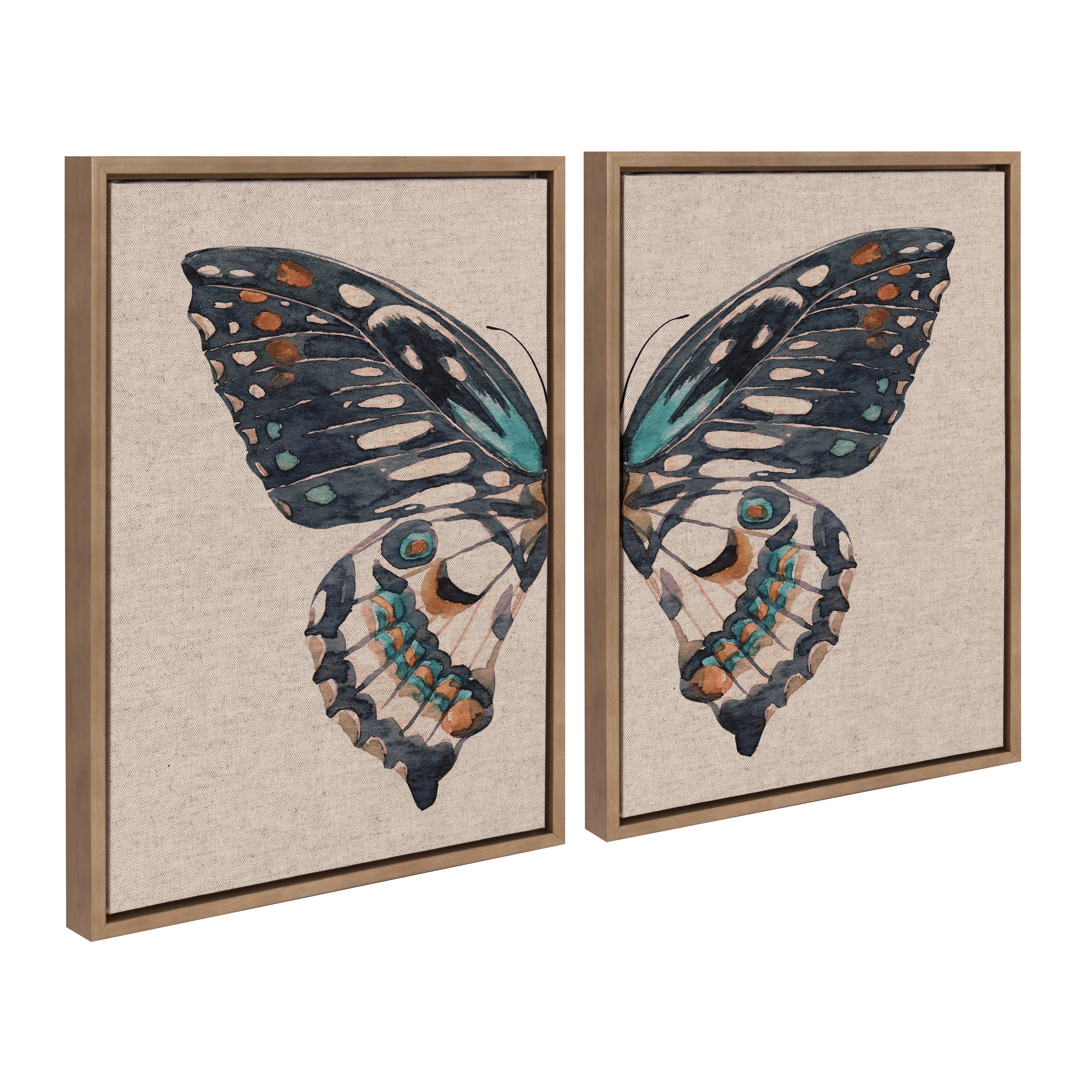 Sylvie Boho Butterfly Watercolor Diptych Neutral Linen Framed Canvas Art Set by The Creative Bunch Studio