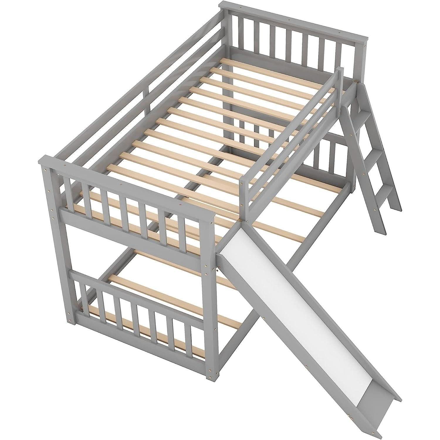 Grey Twin Bunk Bed With Slide Solid Pine Construction
