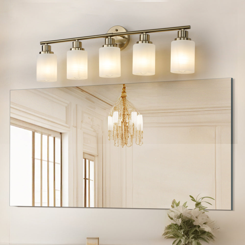 Vanity Light Fixture | 4/5/6/8-Light Bathroom Wall Sconce with Frosted White Glass & Iron Frame — Black, Chrome or Gold, 4 Sizes
