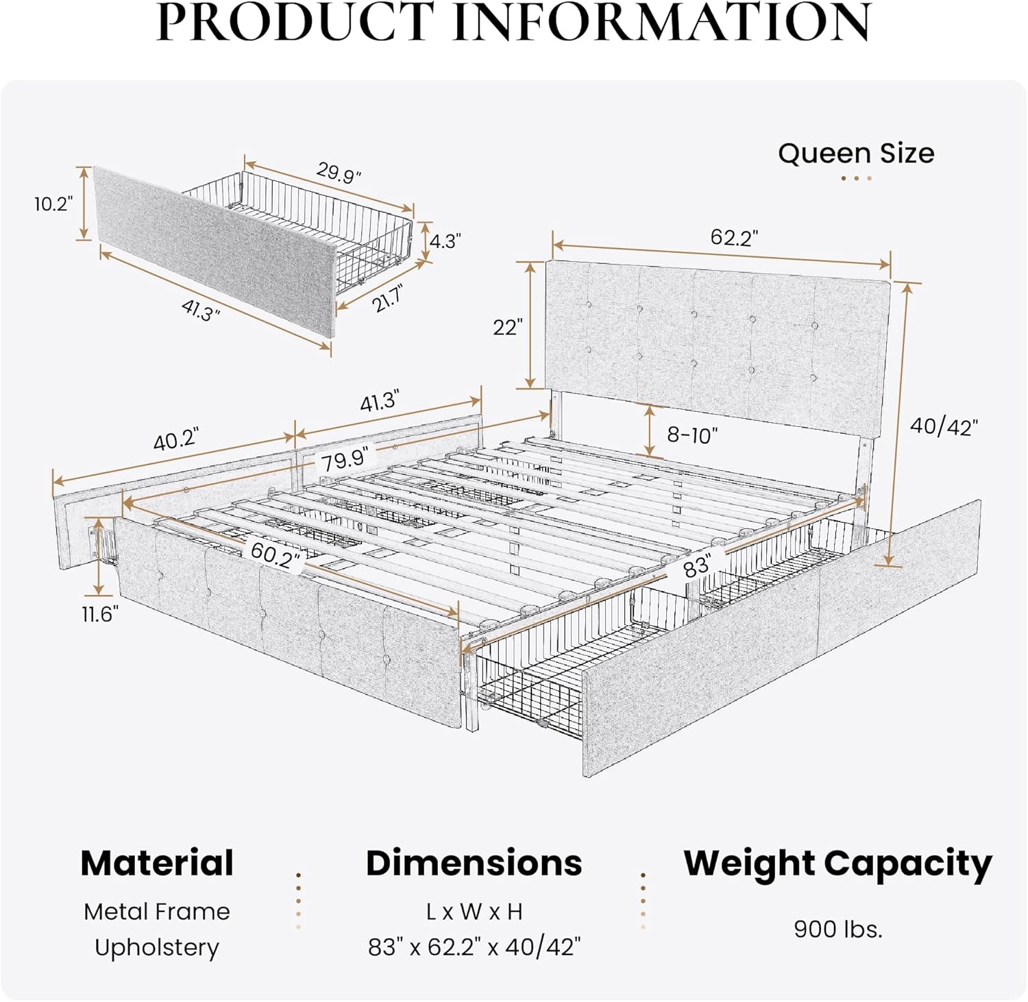 Upholstered Queen Platform Bed Frame With 4 Storage Drawers