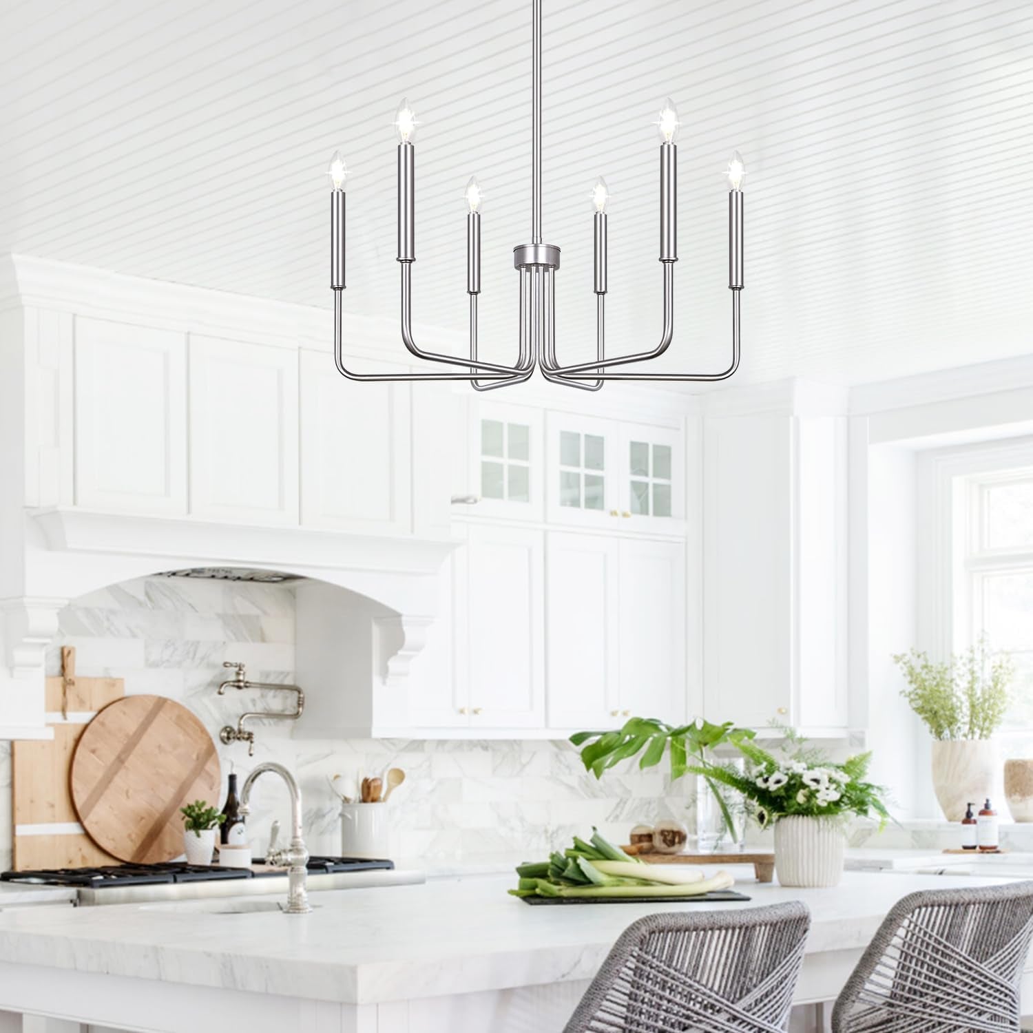 6 Light Brushed Nickel Farmhouse Chandelier For Dining Room
