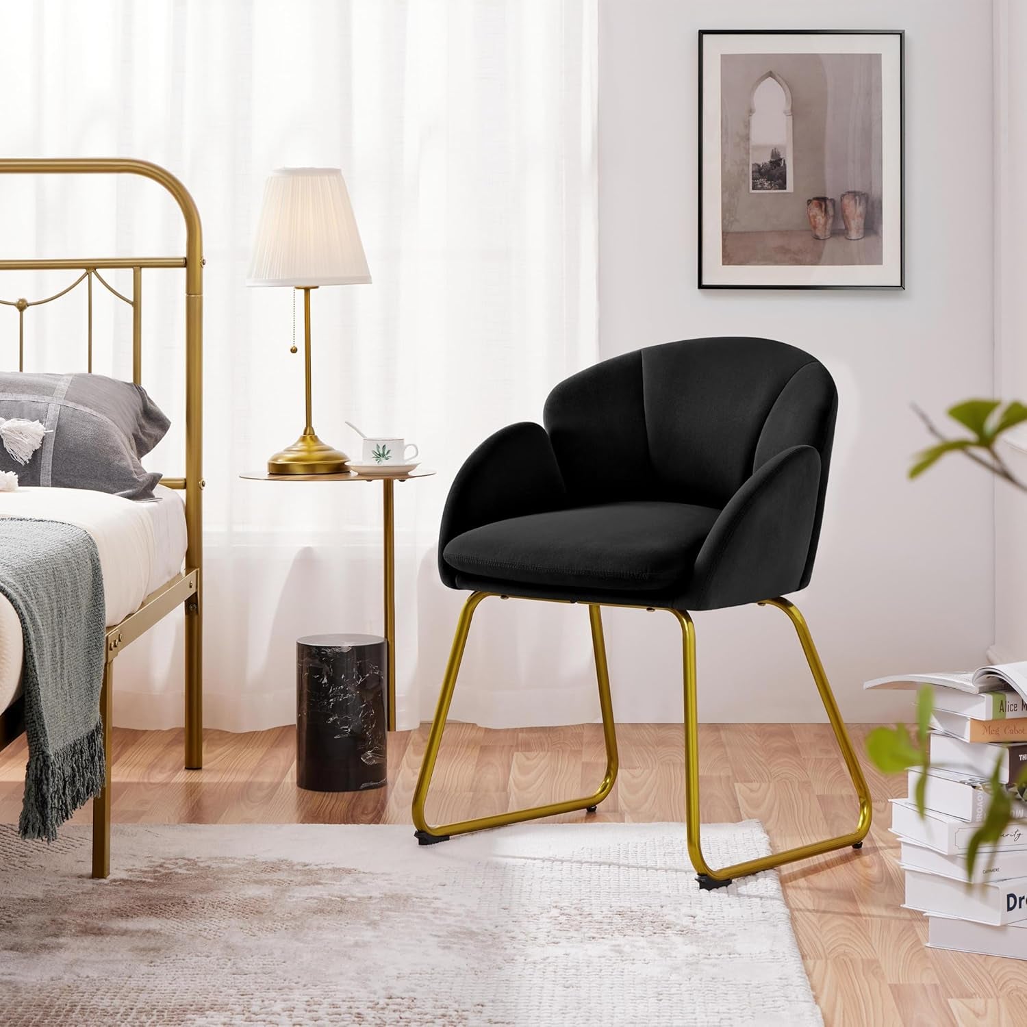 Modern Black Velvet Flower Armchair With Gold Legs