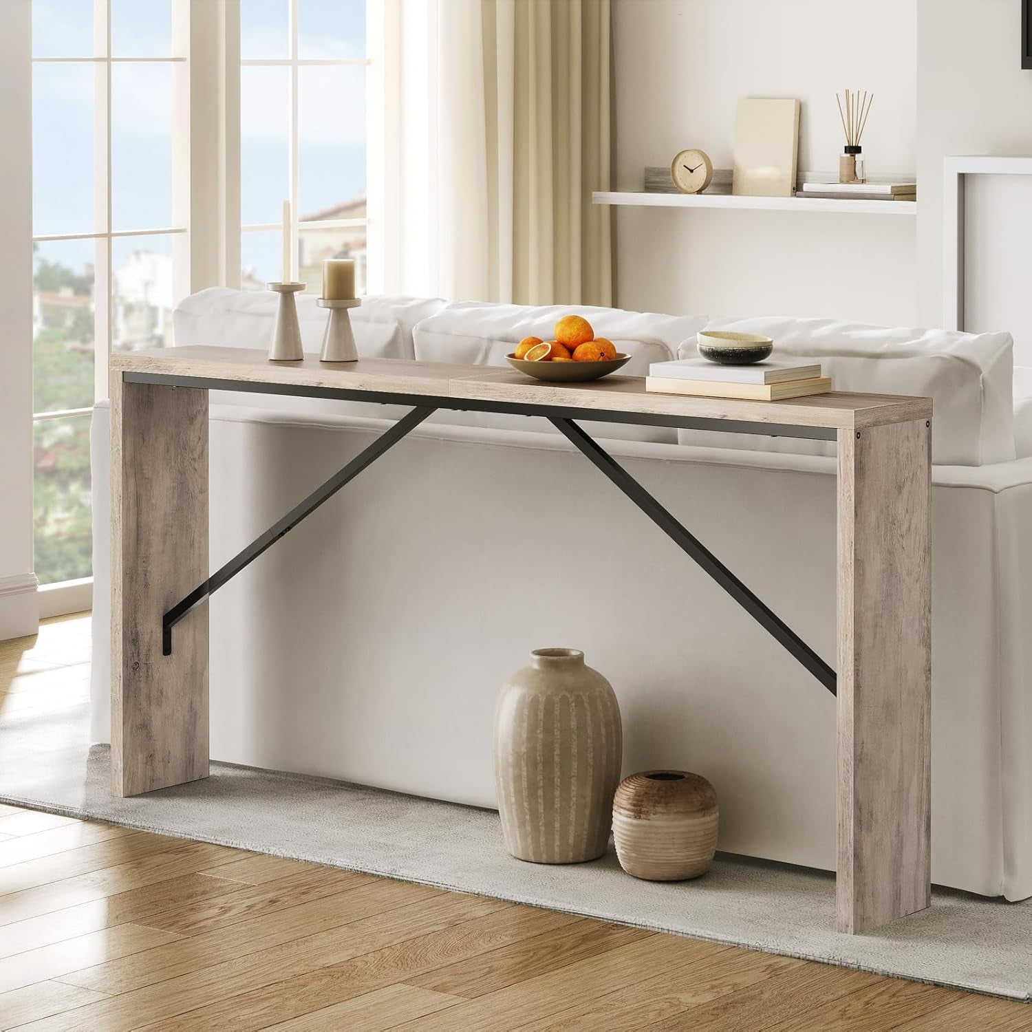 62.2 Inch Greige Industrial Console Table For Entryway
