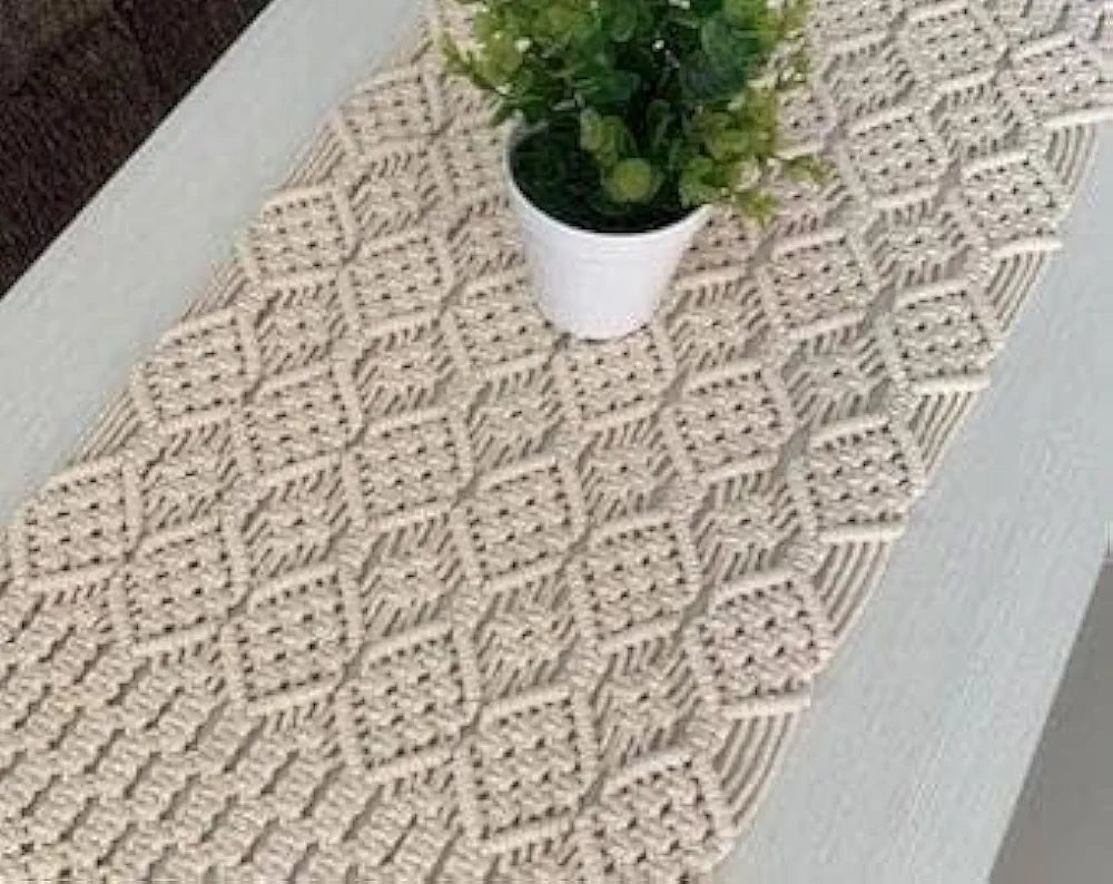 Handmade Cotton Macrame Table Runner | Natural Beige Diamond Pattern Boho Runner | 14x72" (36x183cm)-1