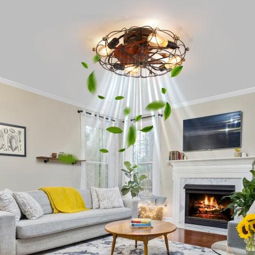 Low Profile Cage Ceiling Fan With Light Remote Control, Built-in Modern Industrial Ceiling Fan - PRHOMZ