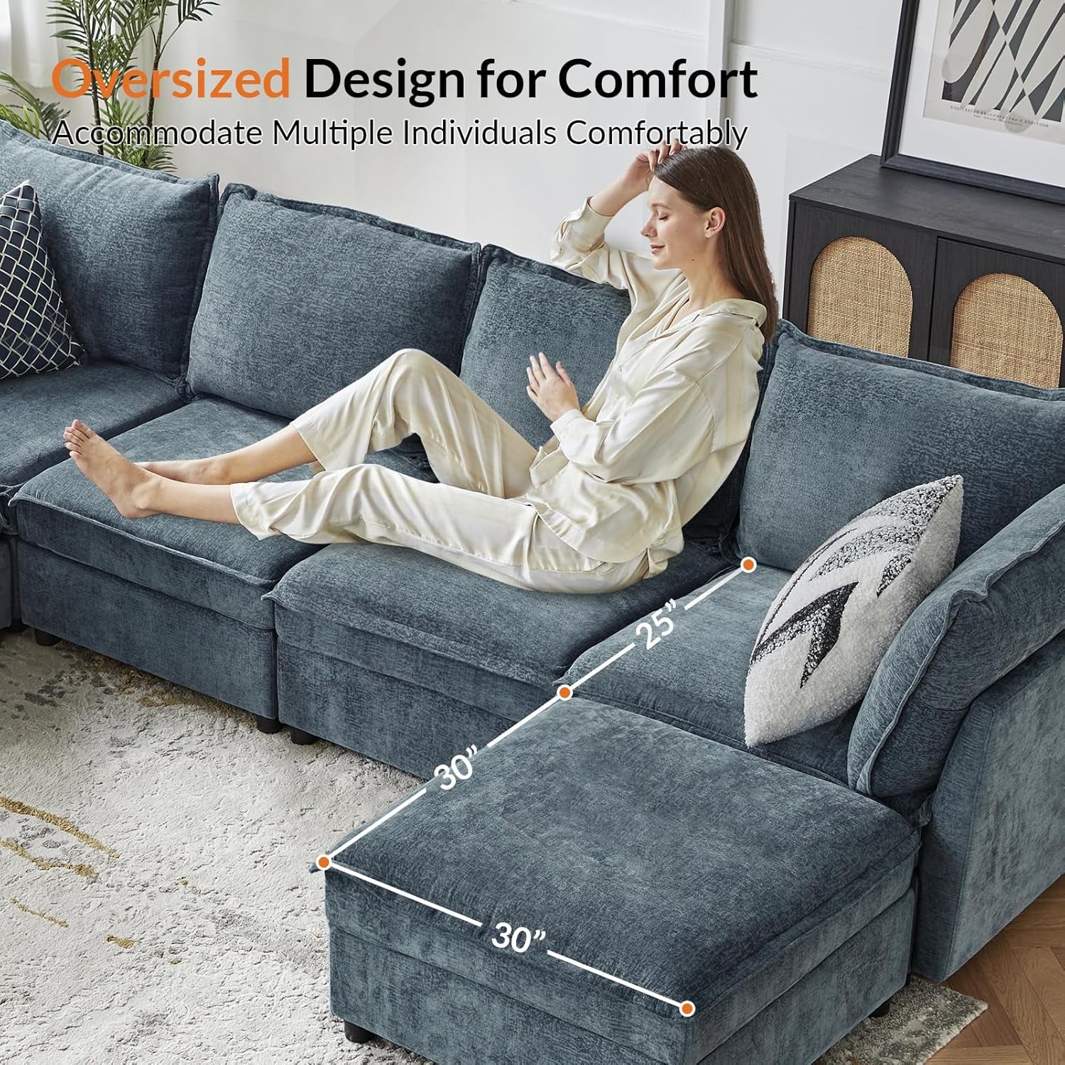 127 Inch Modular Sectional Sofa Blue Chenille U Shaped