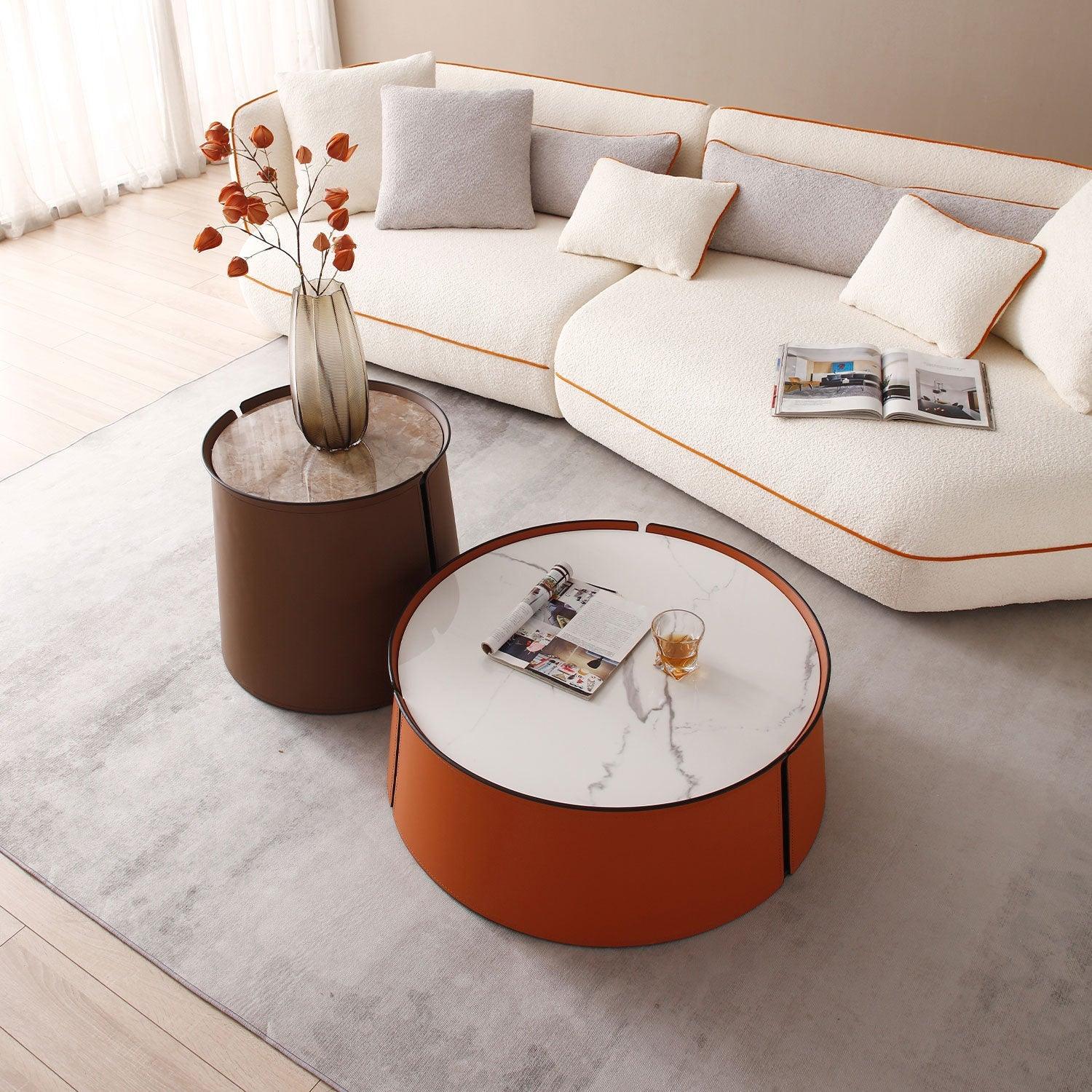 31.5" Coffee Table, Marble Top and Orange Saddle Leather Body - PRHOMZ