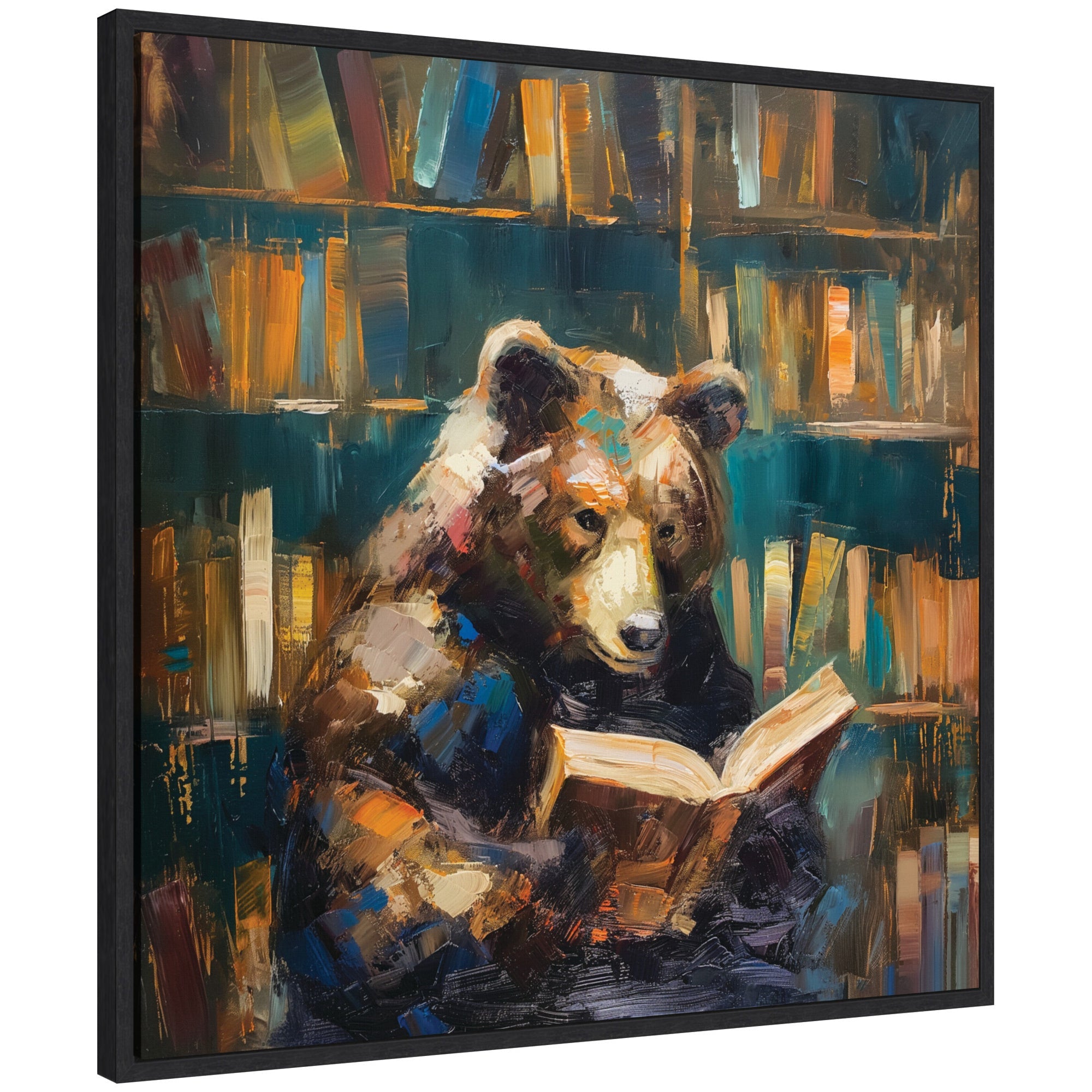 Sylvie Traditional Bear Reading in Library Framed Canvas by The Creative Bunch Studio