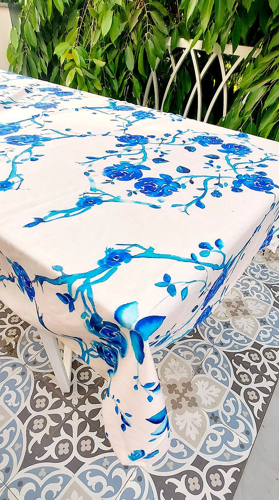 White & Blue Rose Tablecloth | GOTS Certified Organic Cotton | Various Sizes-3