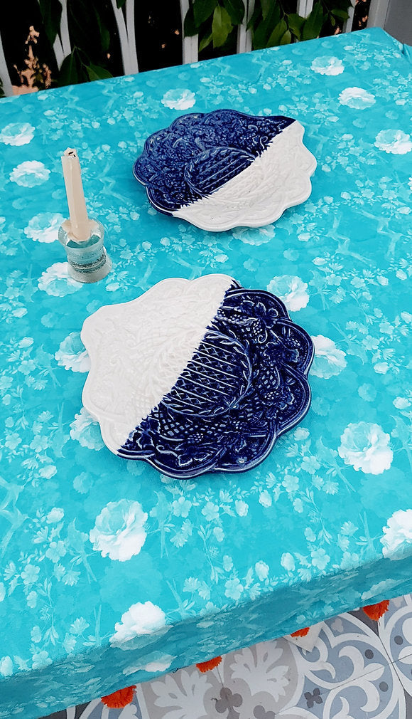 Turquoise Floral Pom-Pom Tablecloth | GOTS Certified Organic Cotton | Various Sizes-4