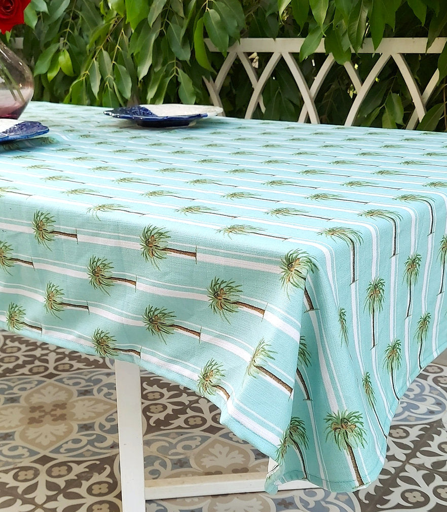 Aqua Palm Tree Print Tablecloth | GOTS Certified Organic Cotton | Various Sizes-0