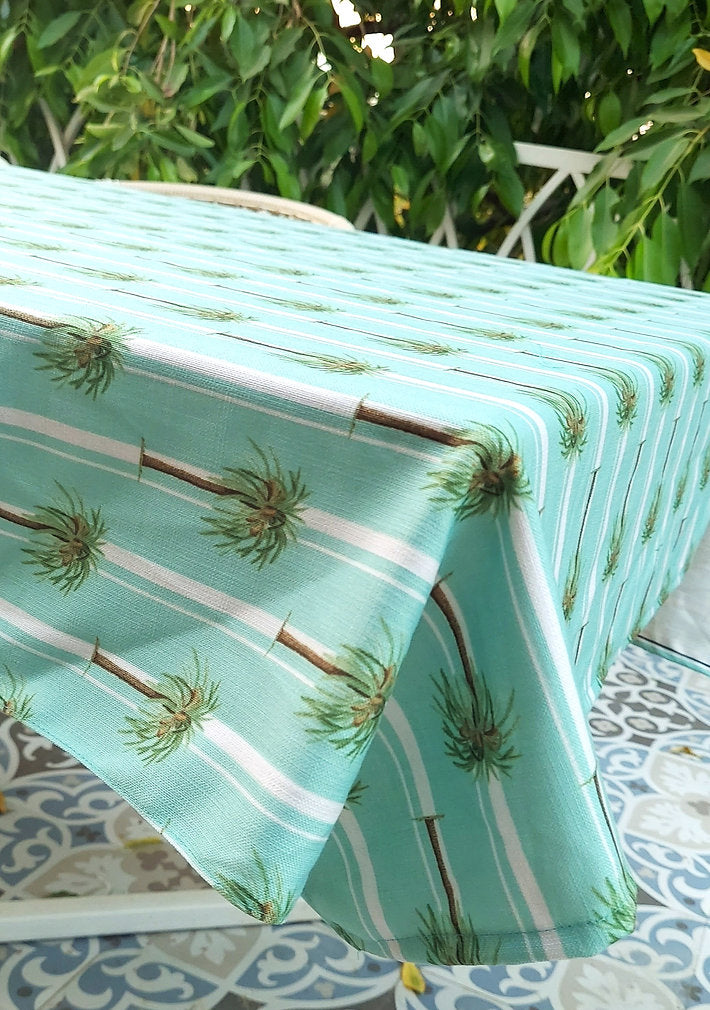 Aqua Palm Tree Print Tablecloth | GOTS Certified Organic Cotton | Various Sizes-1