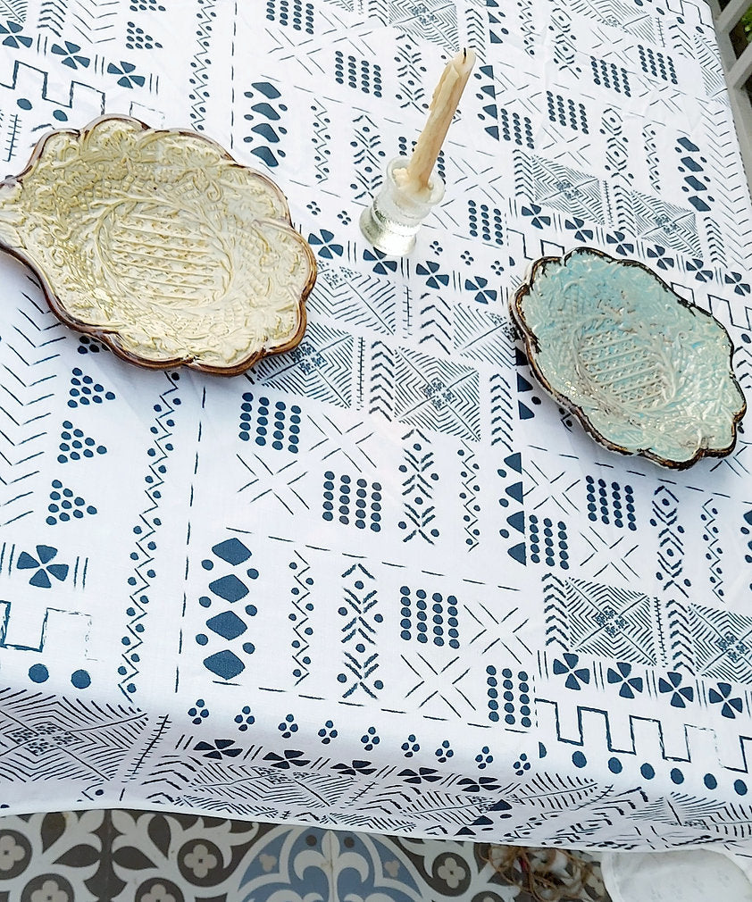 White & Blue Geometric Tablecloth | GOTS Certified Organic Cotton | Various Sizes-2
